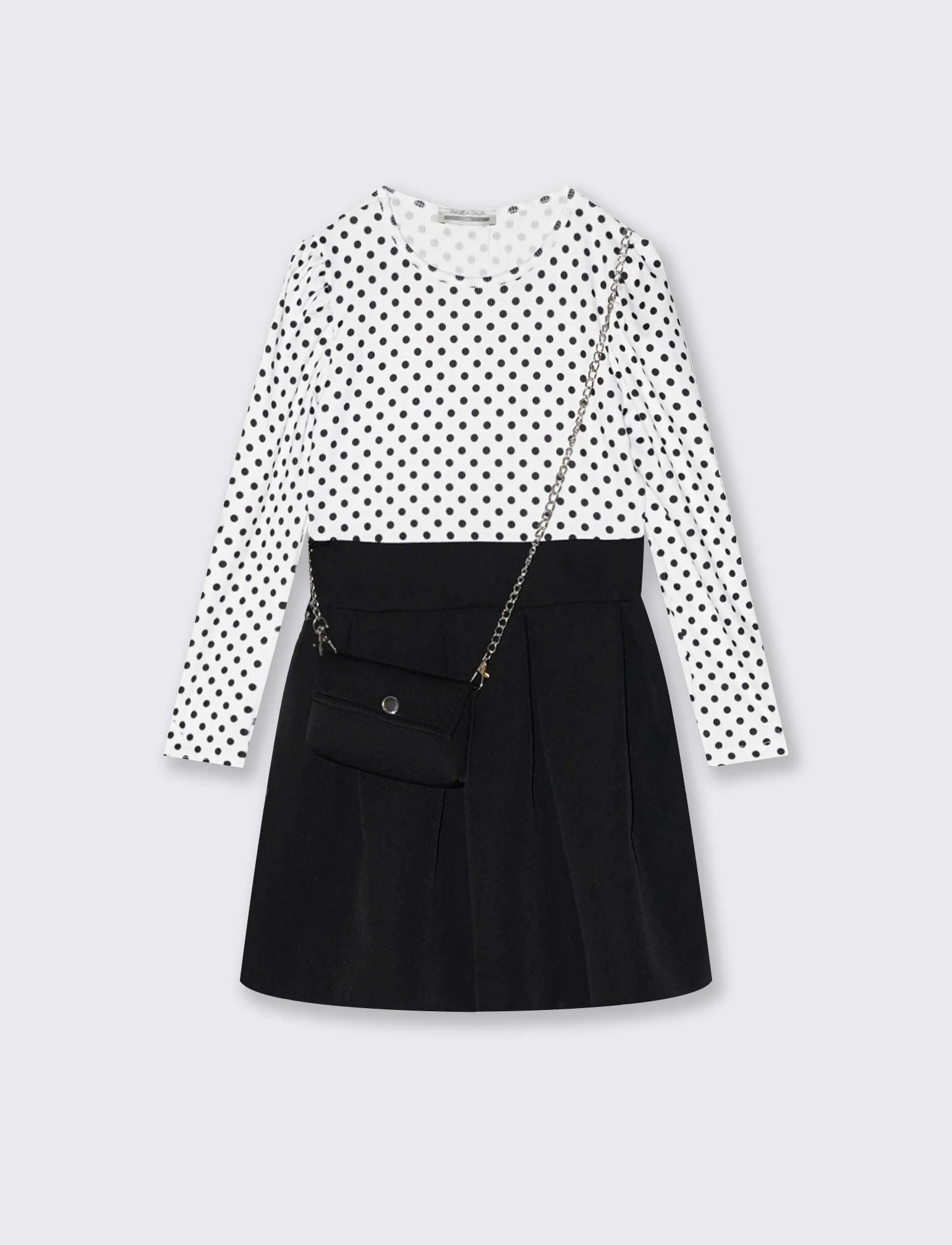 Abito a pois con gonna a contrasto e borsa - Nero