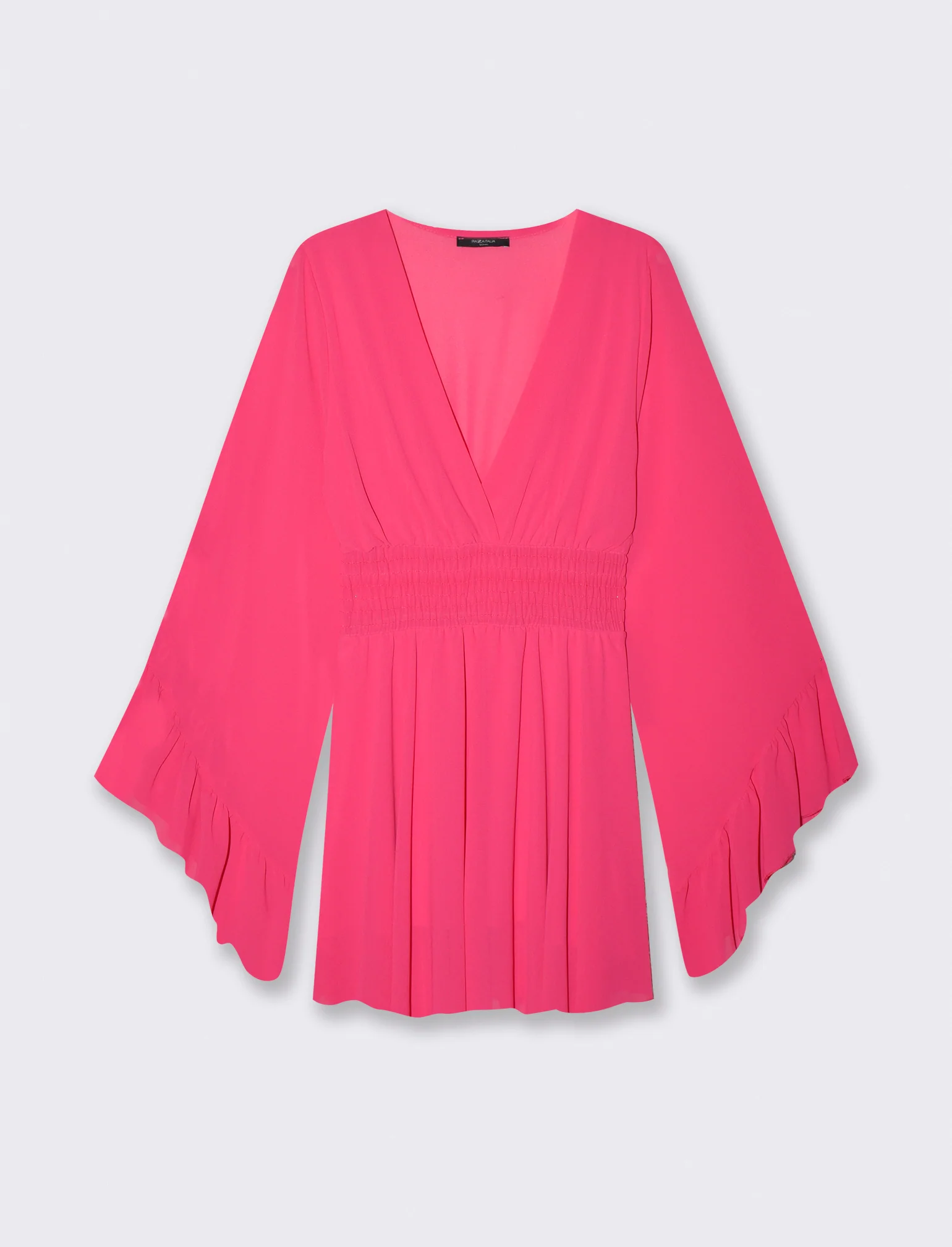Abito Corto con Scollo a V e Vita Elastico - Fuxia azalea