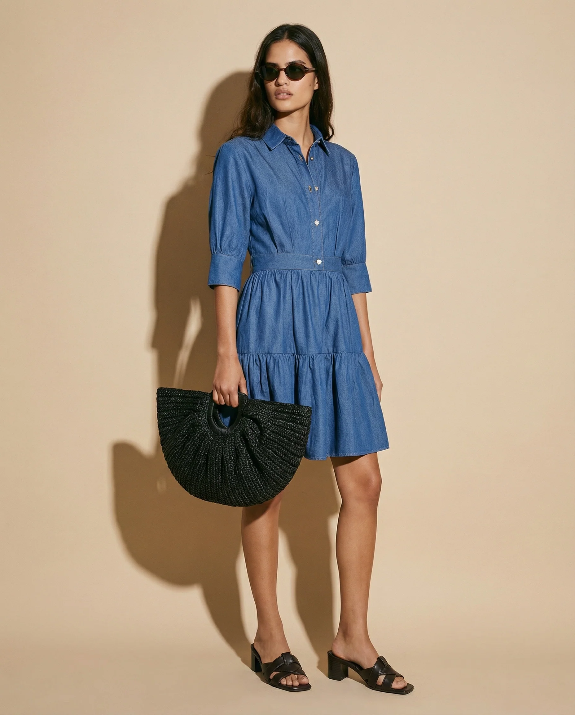 Abito corto denim con maniche a balze - DENIM SCURO - Image 5