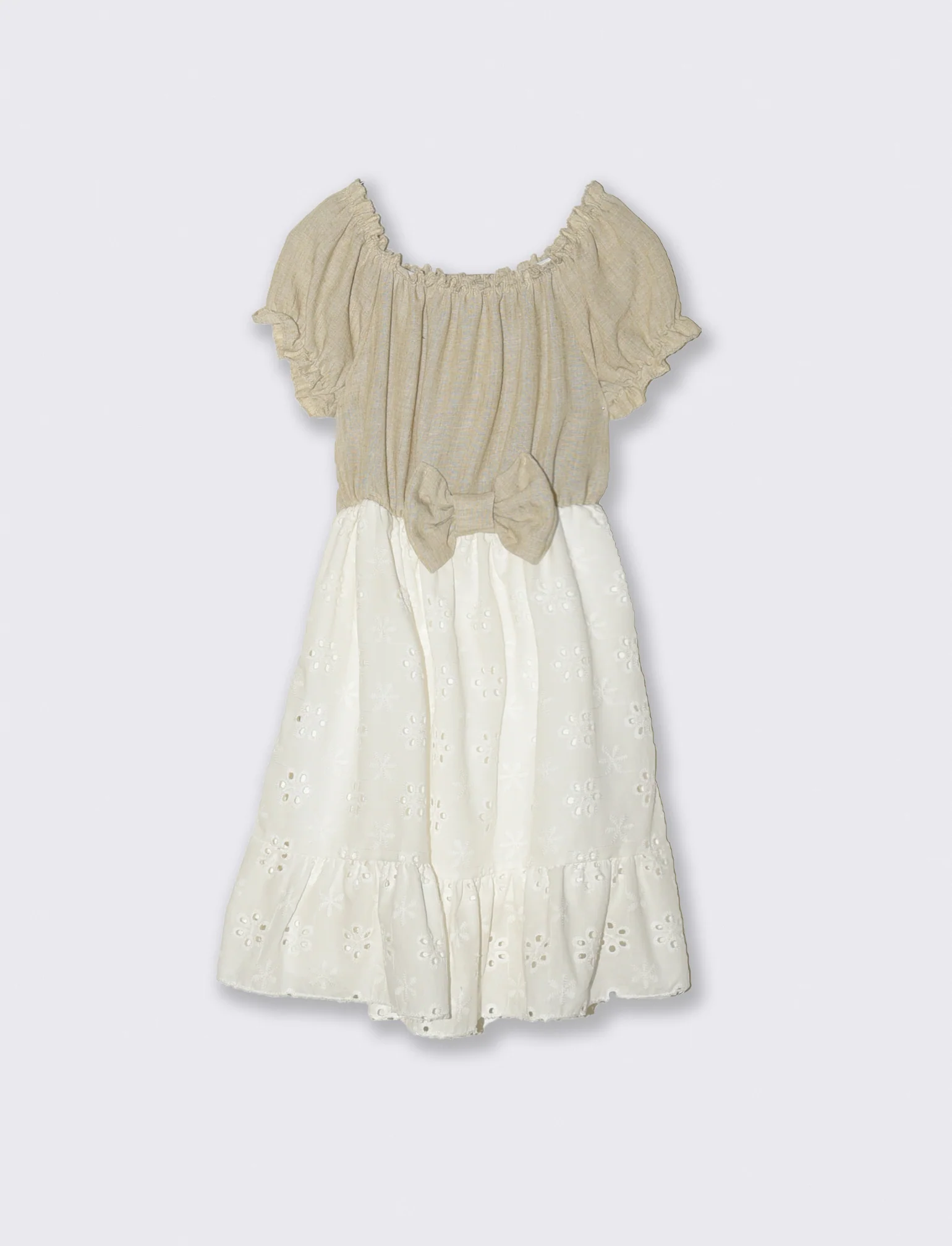 Abito da bambina in pizzo san gallo e tessuto a contrasto. - Beige - Image 2