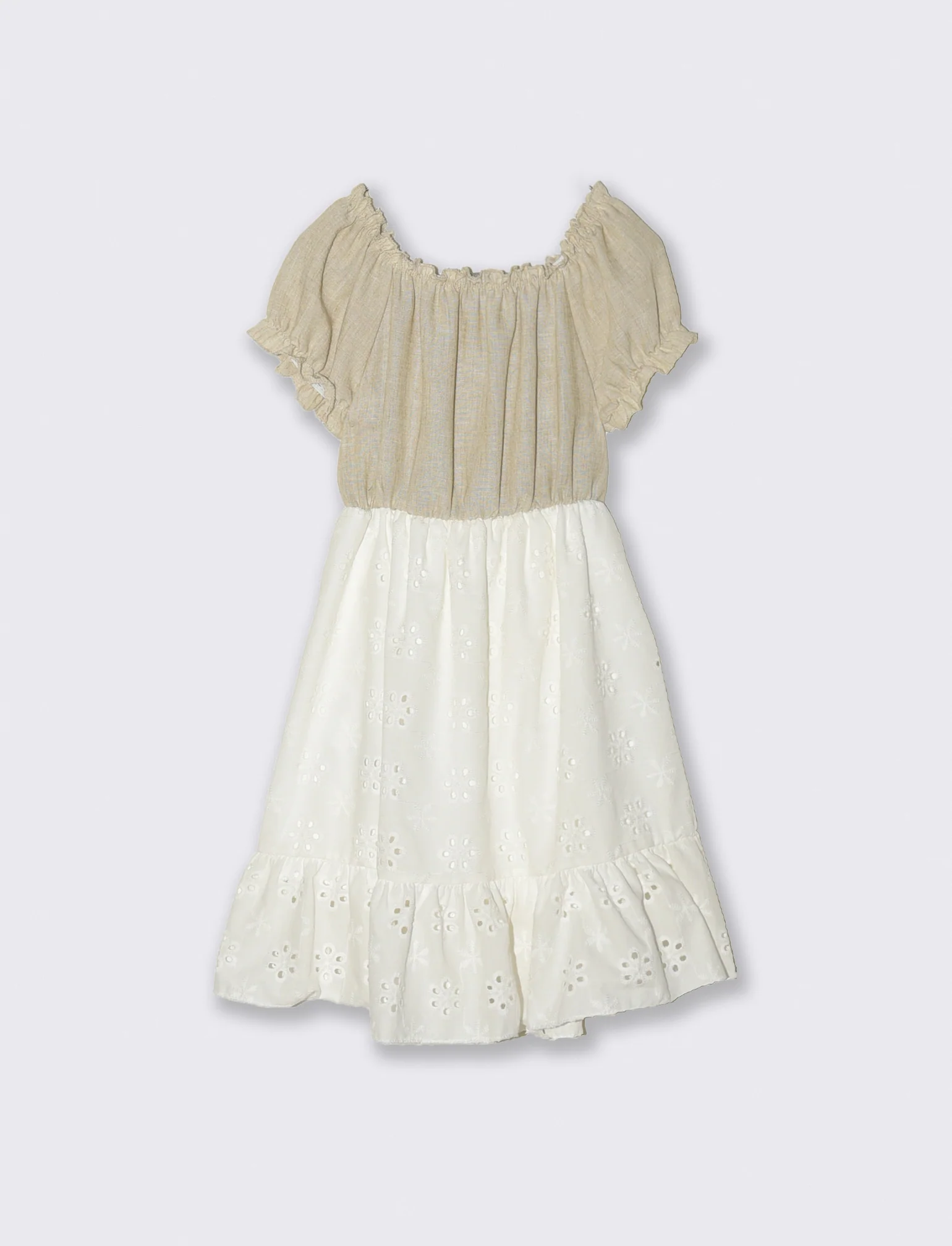 Abito da bambina in pizzo san gallo e tessuto a contrasto. - Beige - Image 3