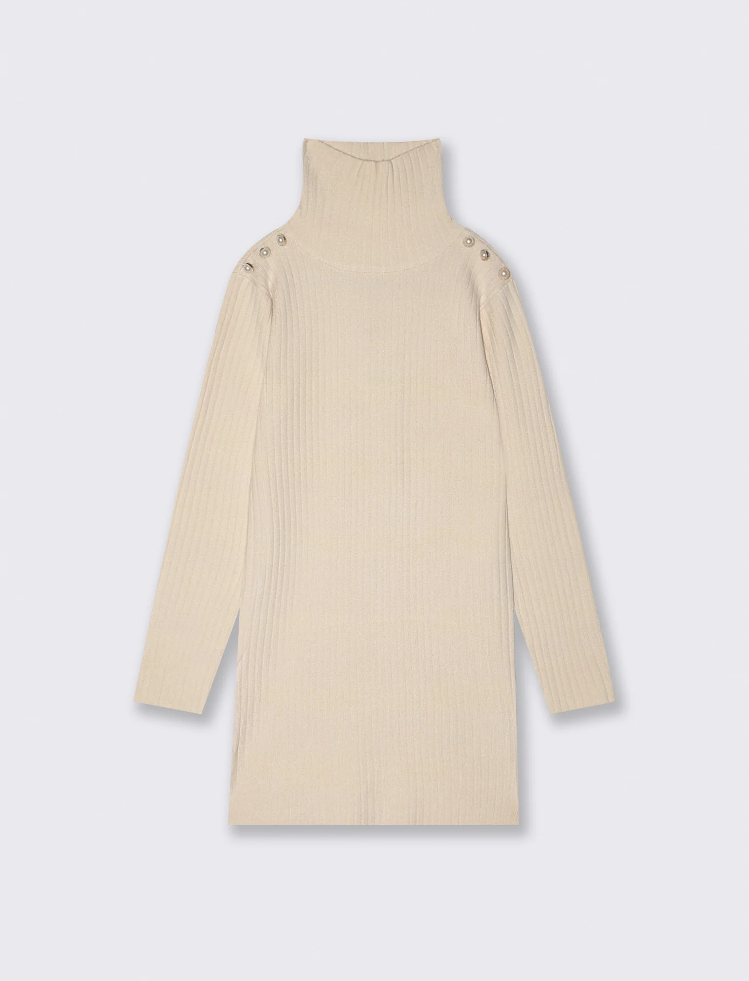 Abito in costina con collo alto e bottoni - Beige