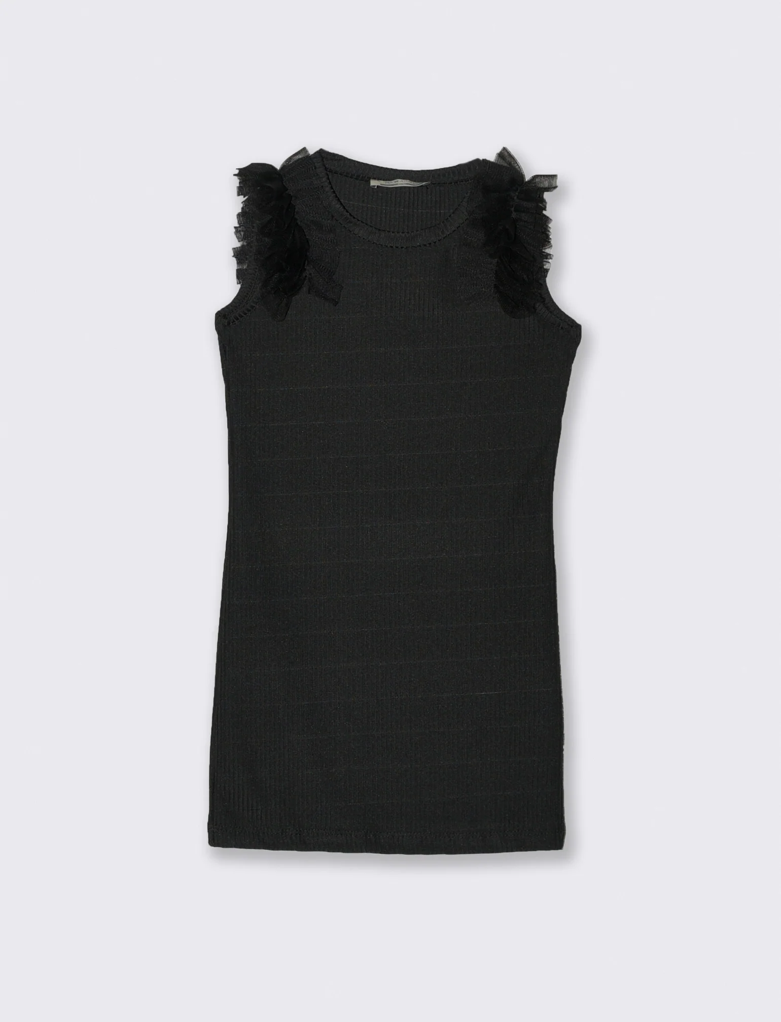 Abito in costina elastica con rouches in tulle sulle spalle. - Nero