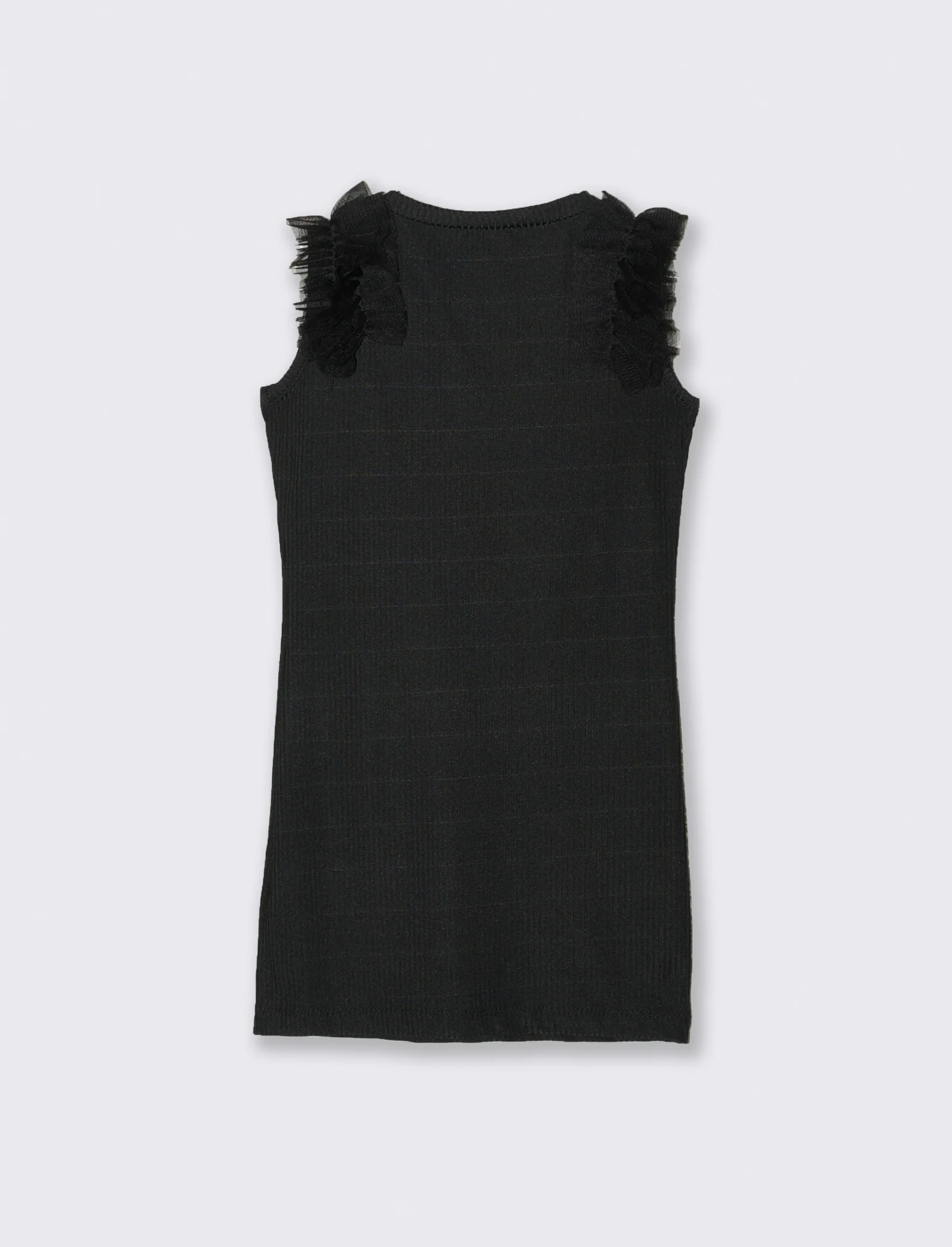 Abito in costina elastica con rouches in tulle sulle spalle. - Nero - Image 2