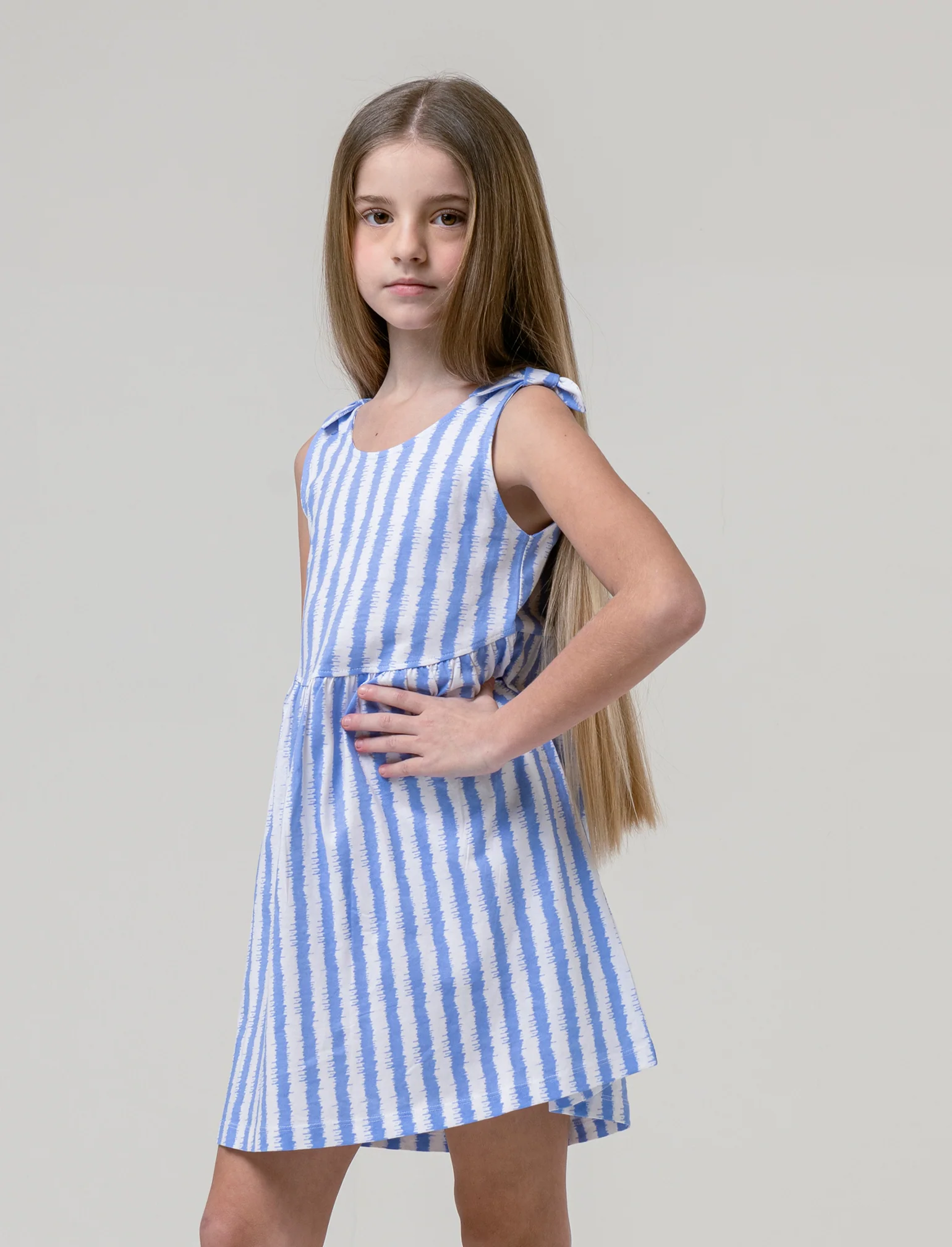 Abito in cotone giromanica da bambina - Azzurro