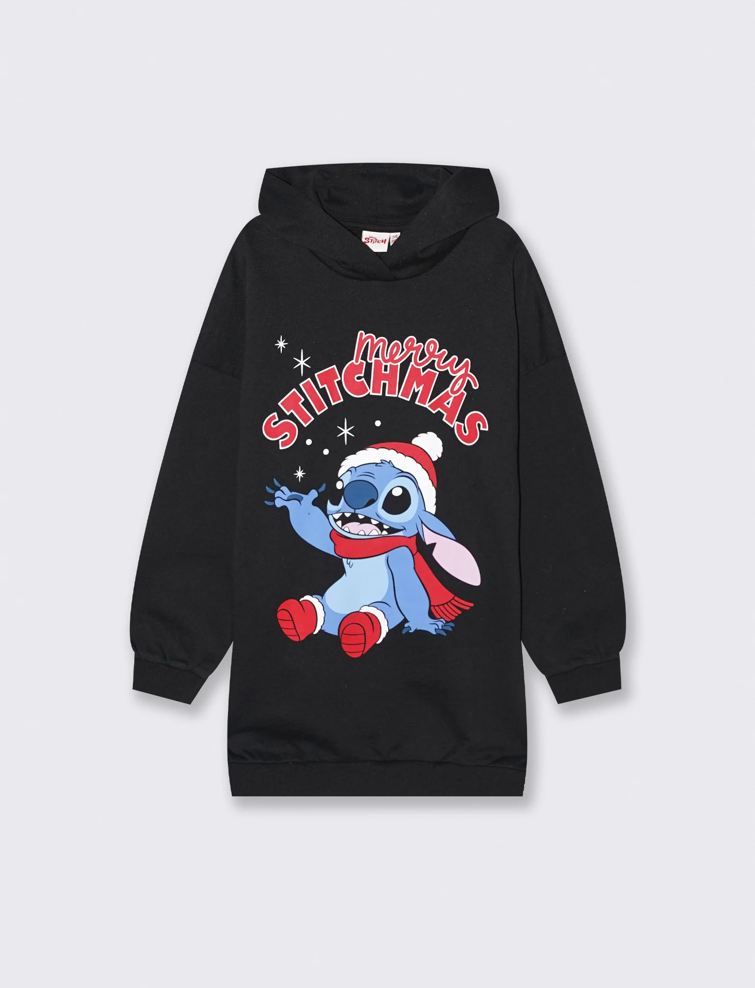 Abito in felpa con cappuccio con stampa natalizia Stitch. - Nero