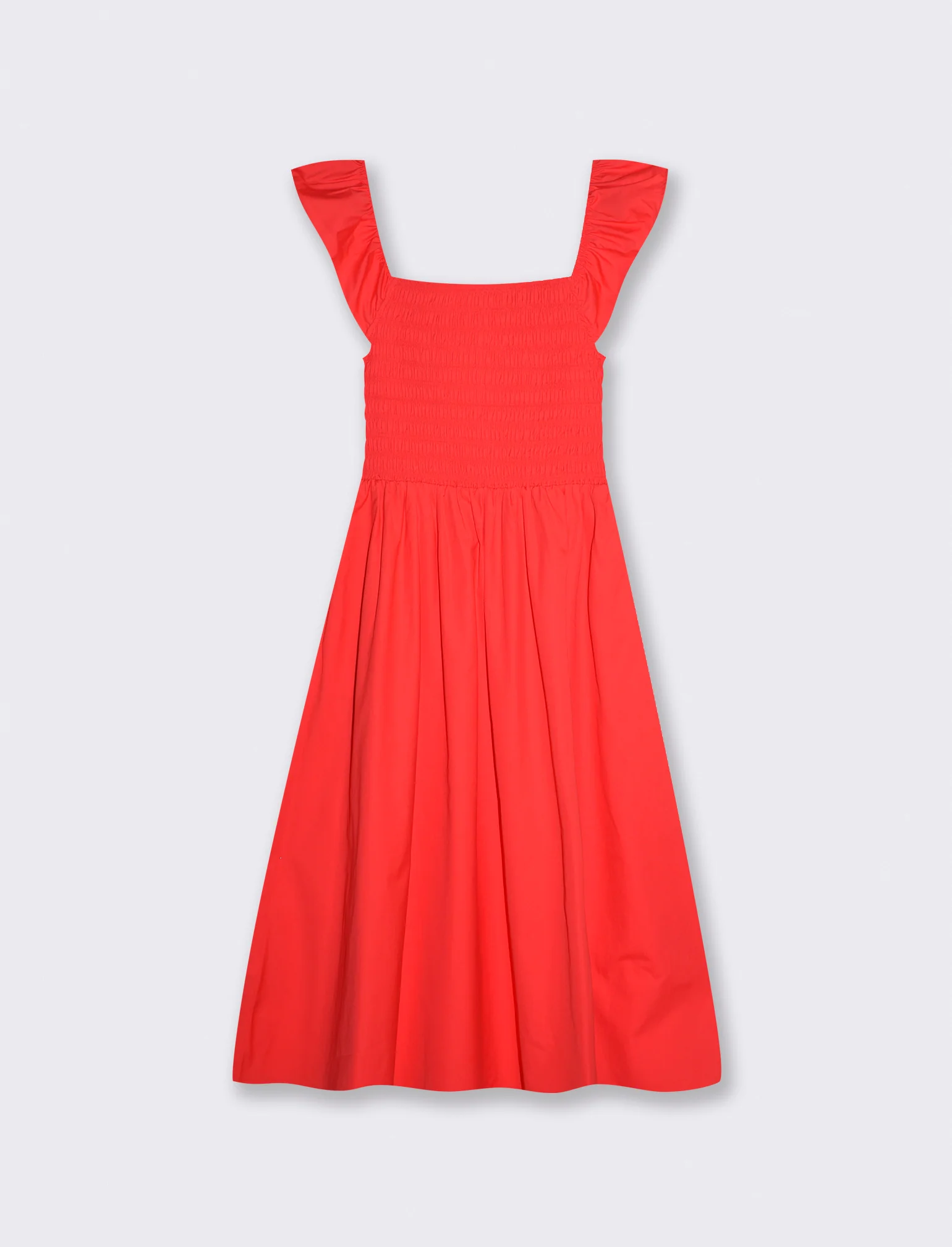 Abito lungo con busto smock e volant - Corallo - Image 2