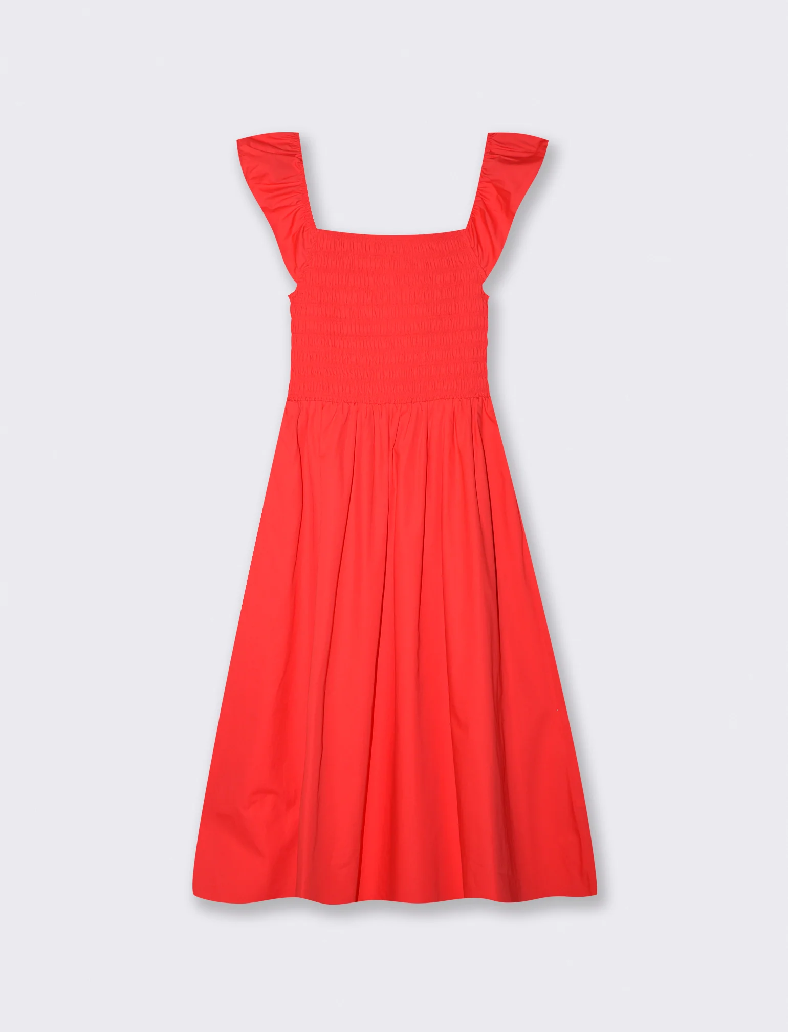 Abito lungo con busto smock e volant - Corallo - Image 4