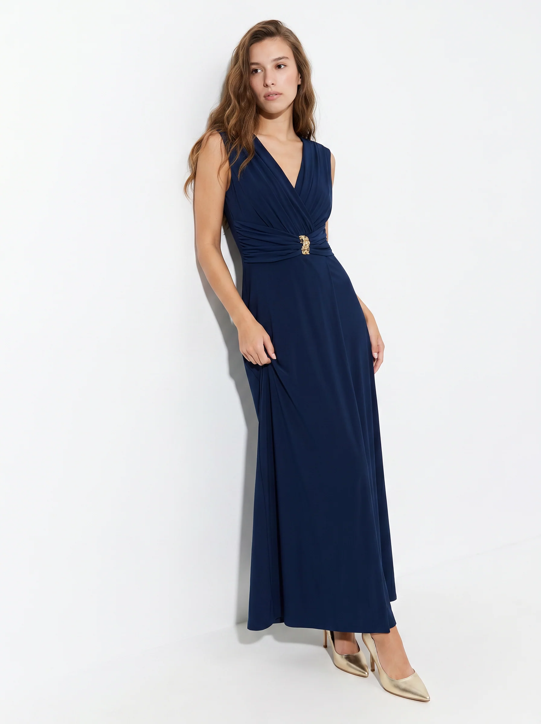 Abito lungo con spalline e arricciatura - Blu - Image 3