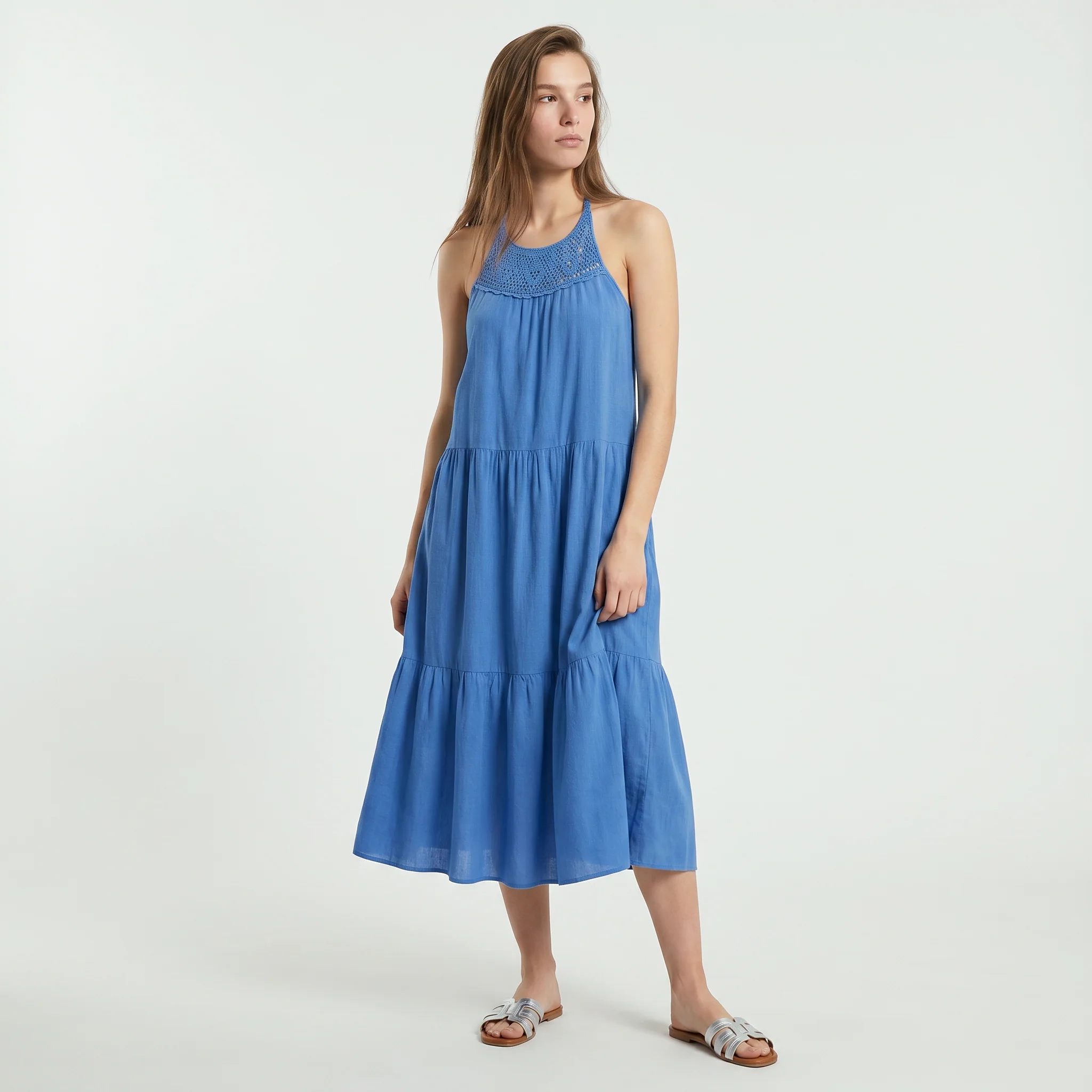 Abito lungo con tagli frontali e trim - Azzurro - Image 3