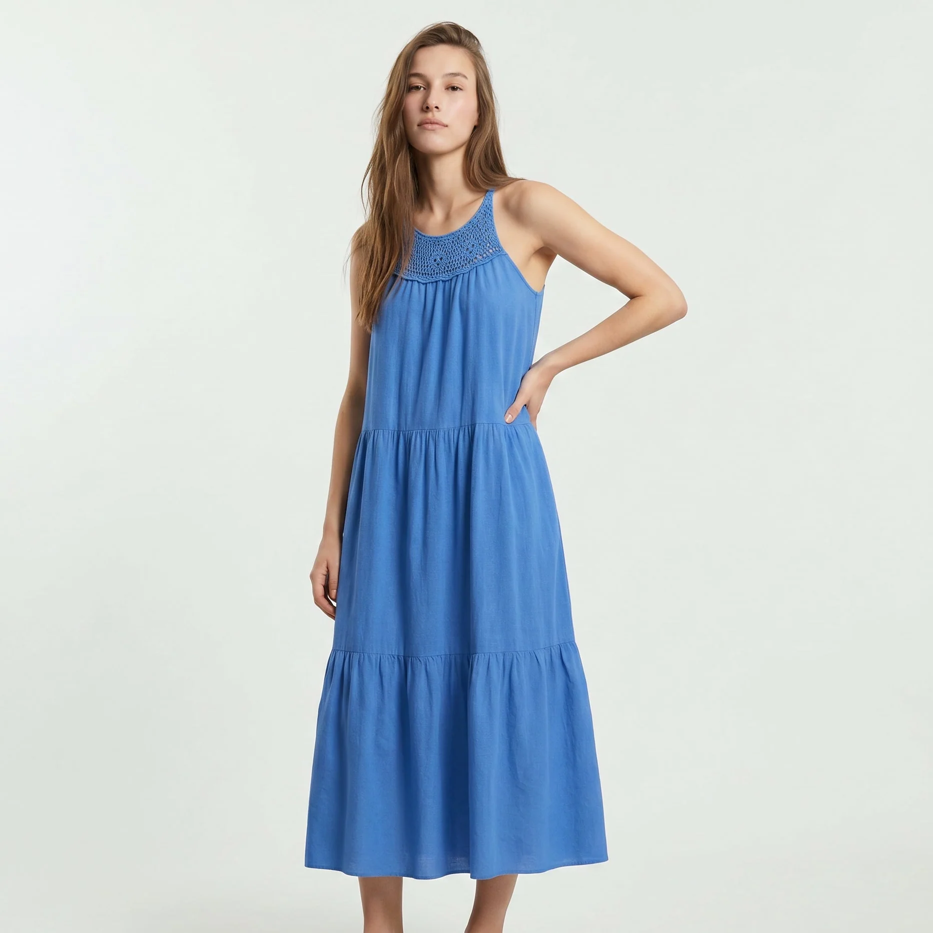 Abito lungo con tagli frontali e trim - Azzurro - Image 4
