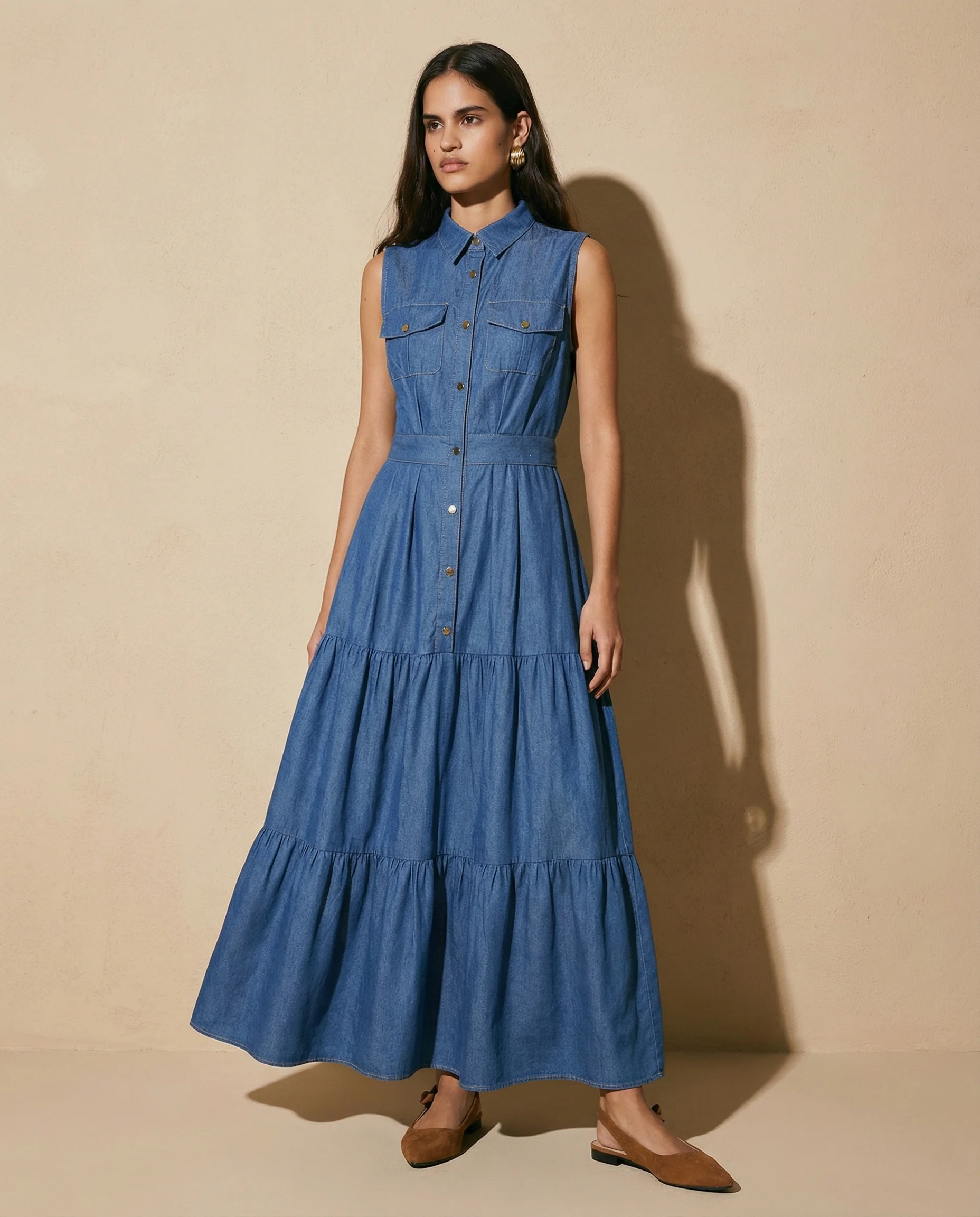 Abito lungo denim a giromaniche e balze - DENIM SCURO - Image 3