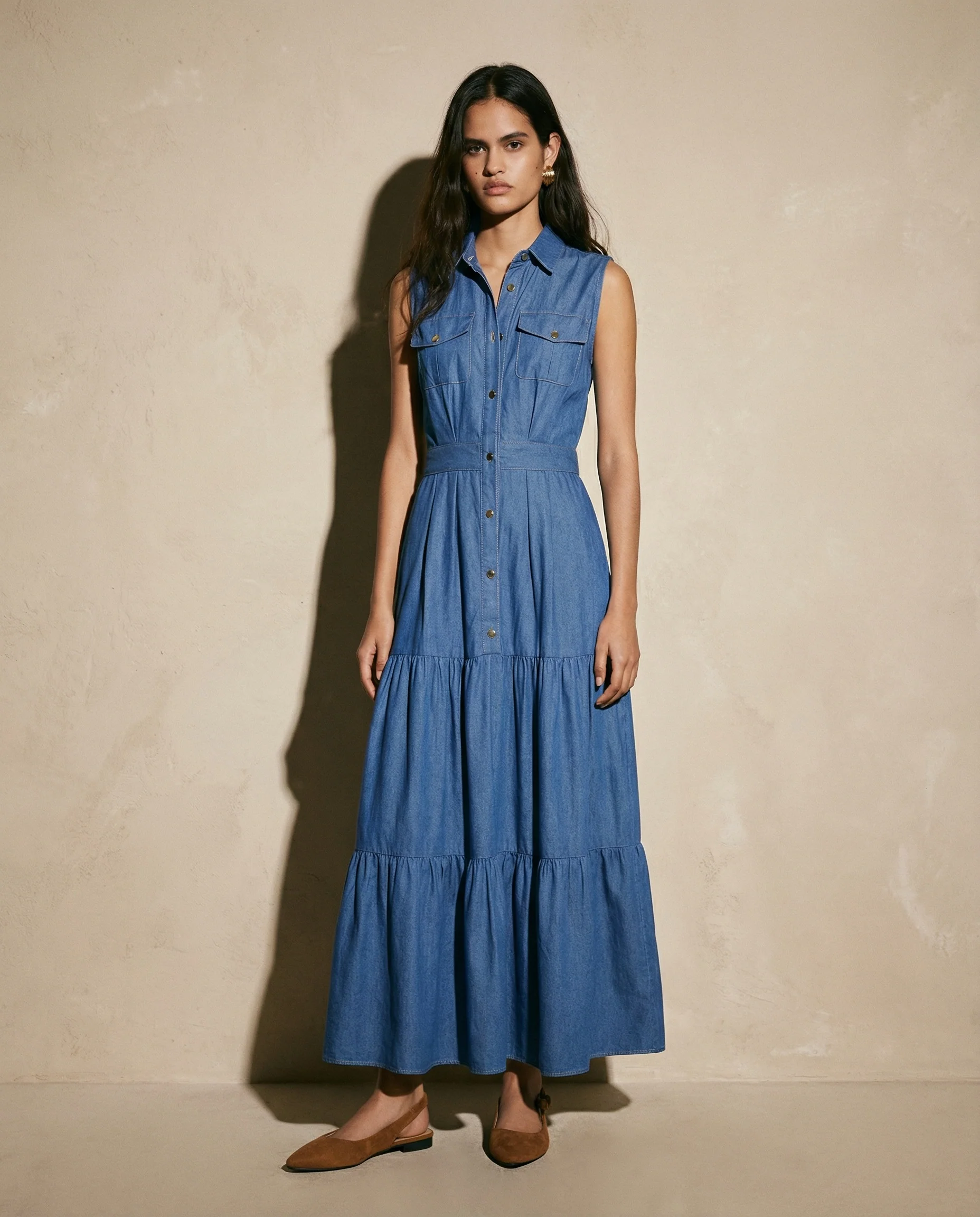 Abito lungo denim a giromaniche e balze - DENIM SCURO - Image 4
