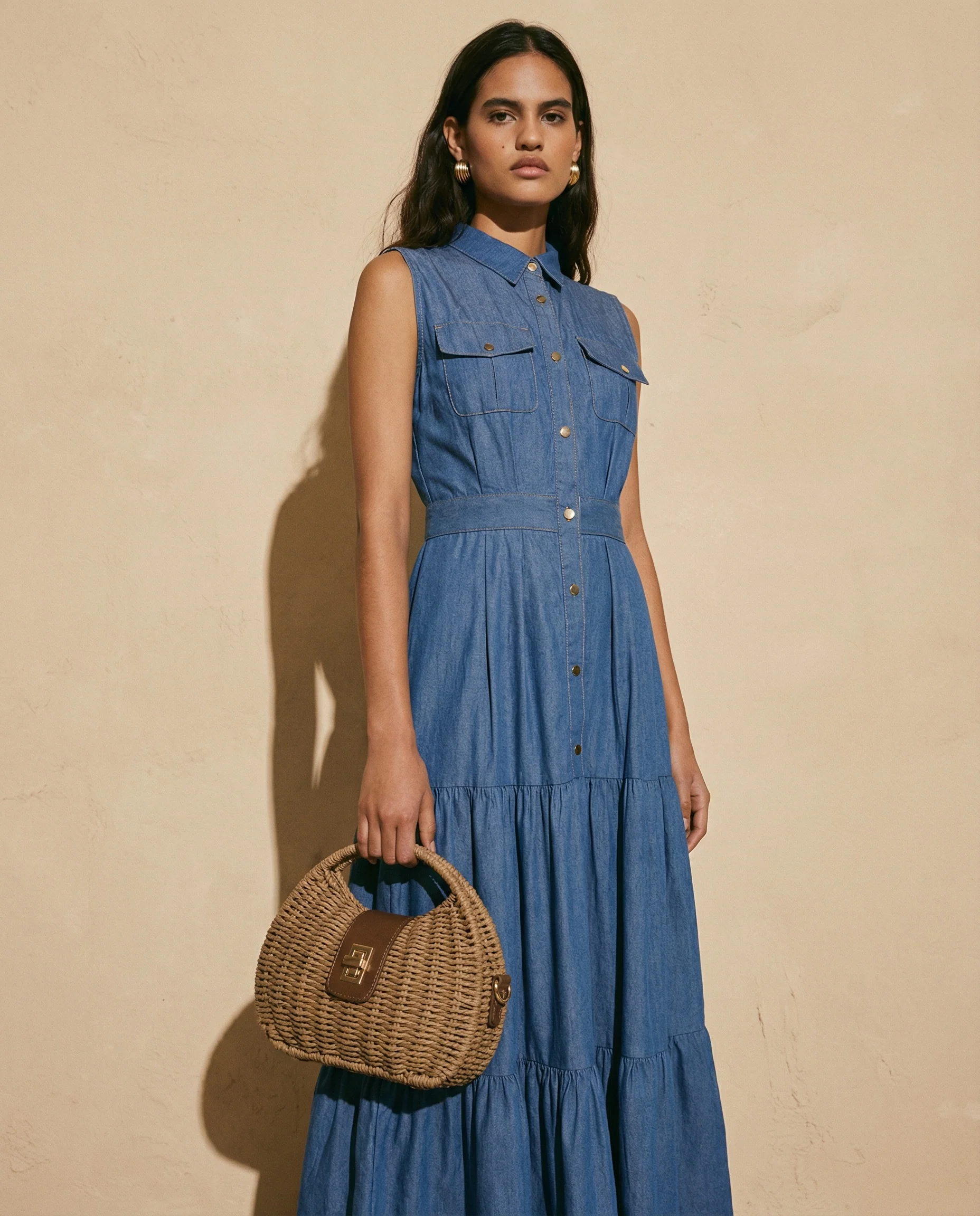 Abito lungo denim a giromaniche e balze - DENIM SCURO - Image 6