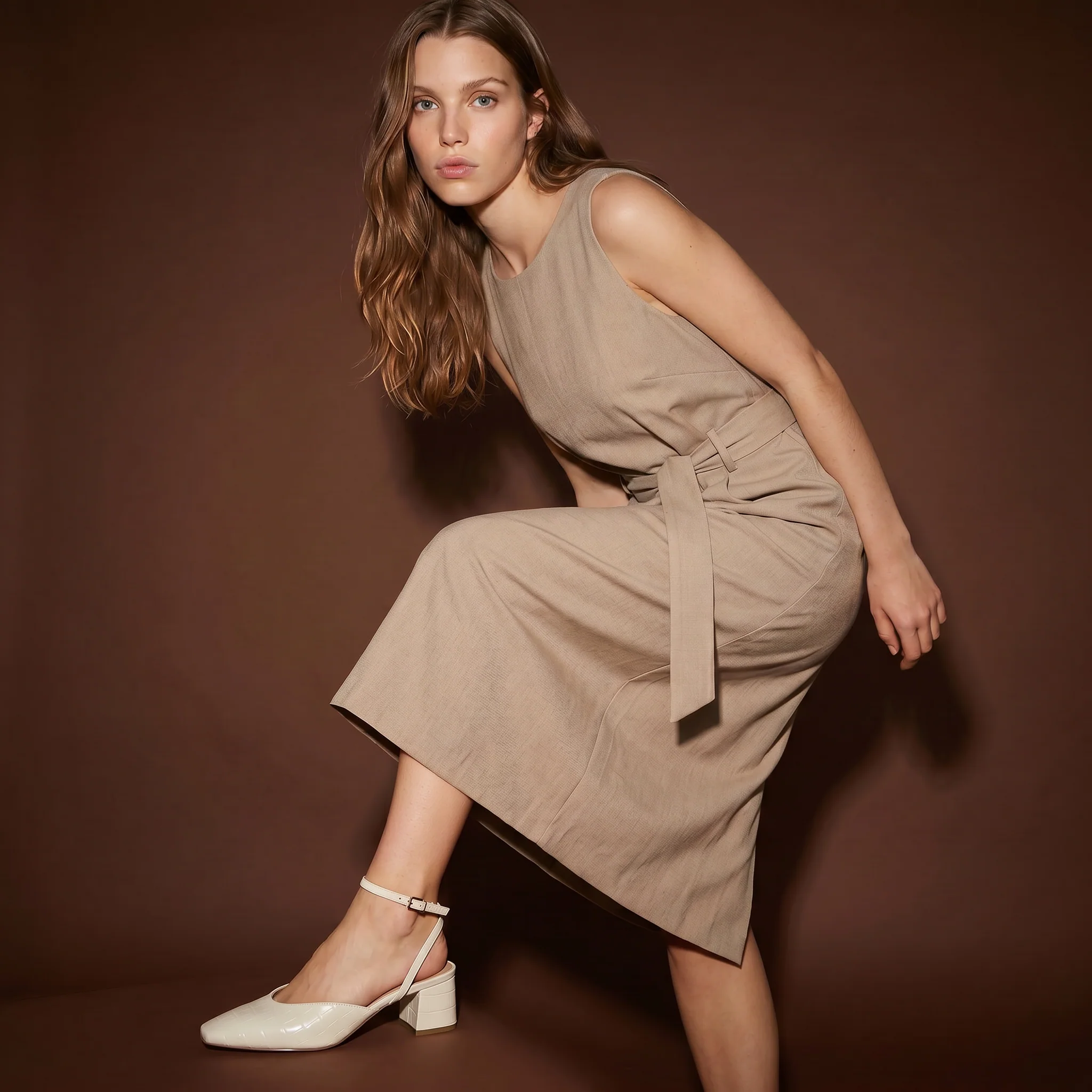 Abito midi halter con cintura in vita - Beige
