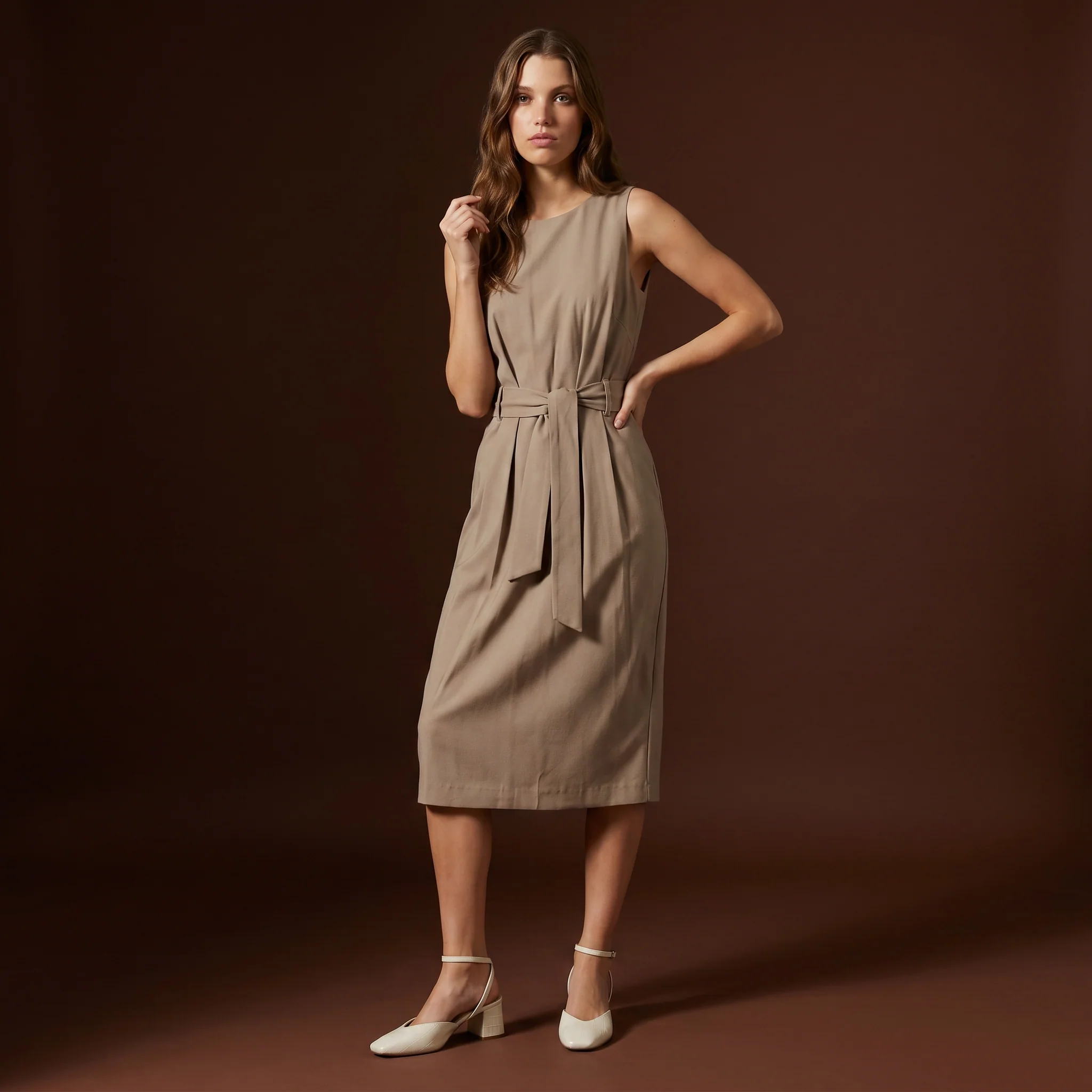 Abito midi halter con cintura in vita - Beige - Image 3