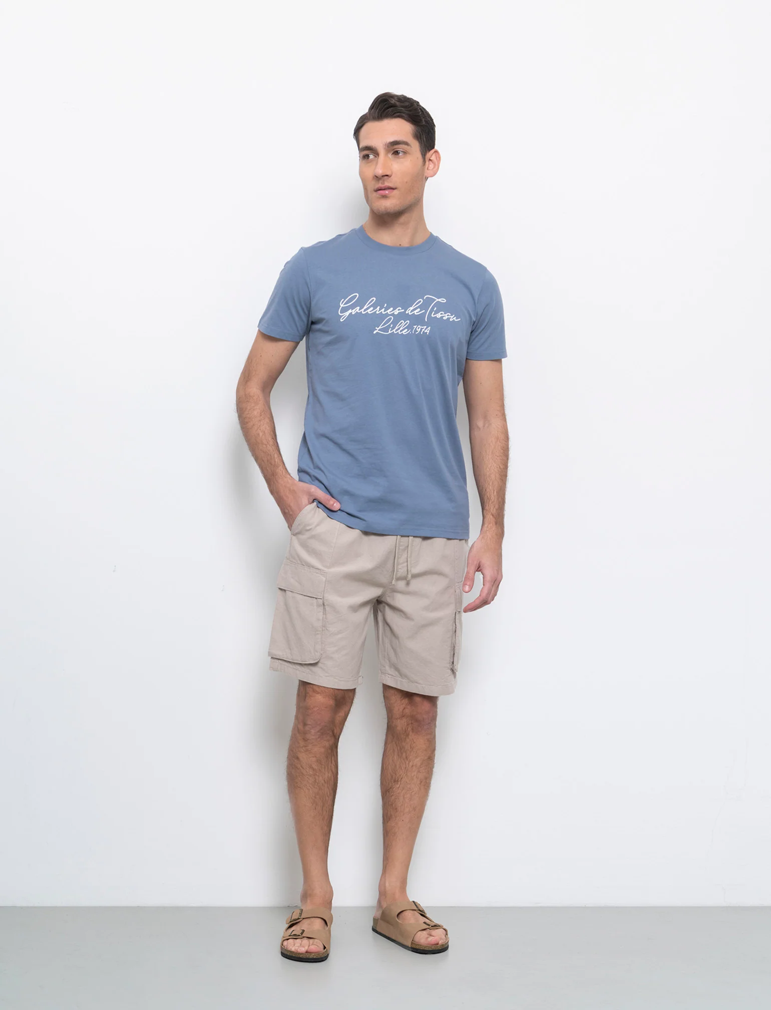 Bermuda cargo in misto lino da uomo - Beige - Image 3