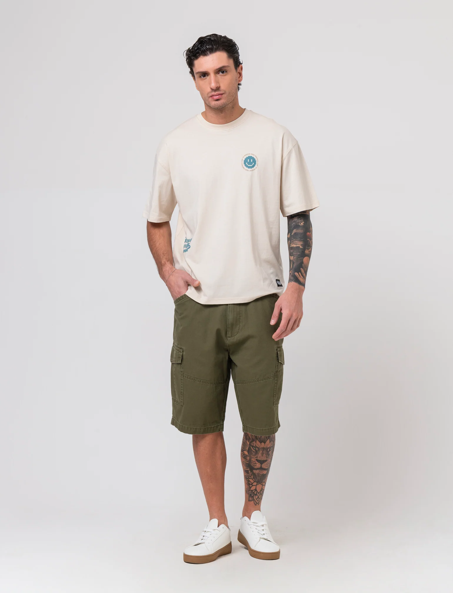 Bermuda cargo in tessuto canvas da uomo - Verde oliva - Image 2