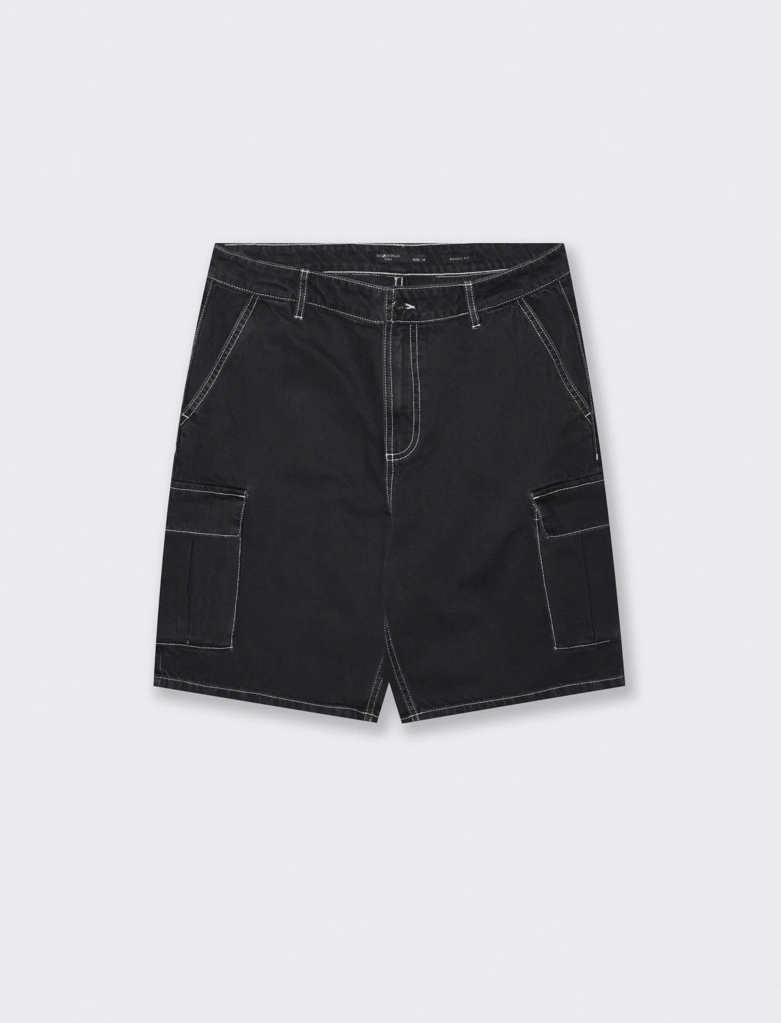 Bermuda Jeans Cargo Baggy Fit Effetto Slavato - Nero