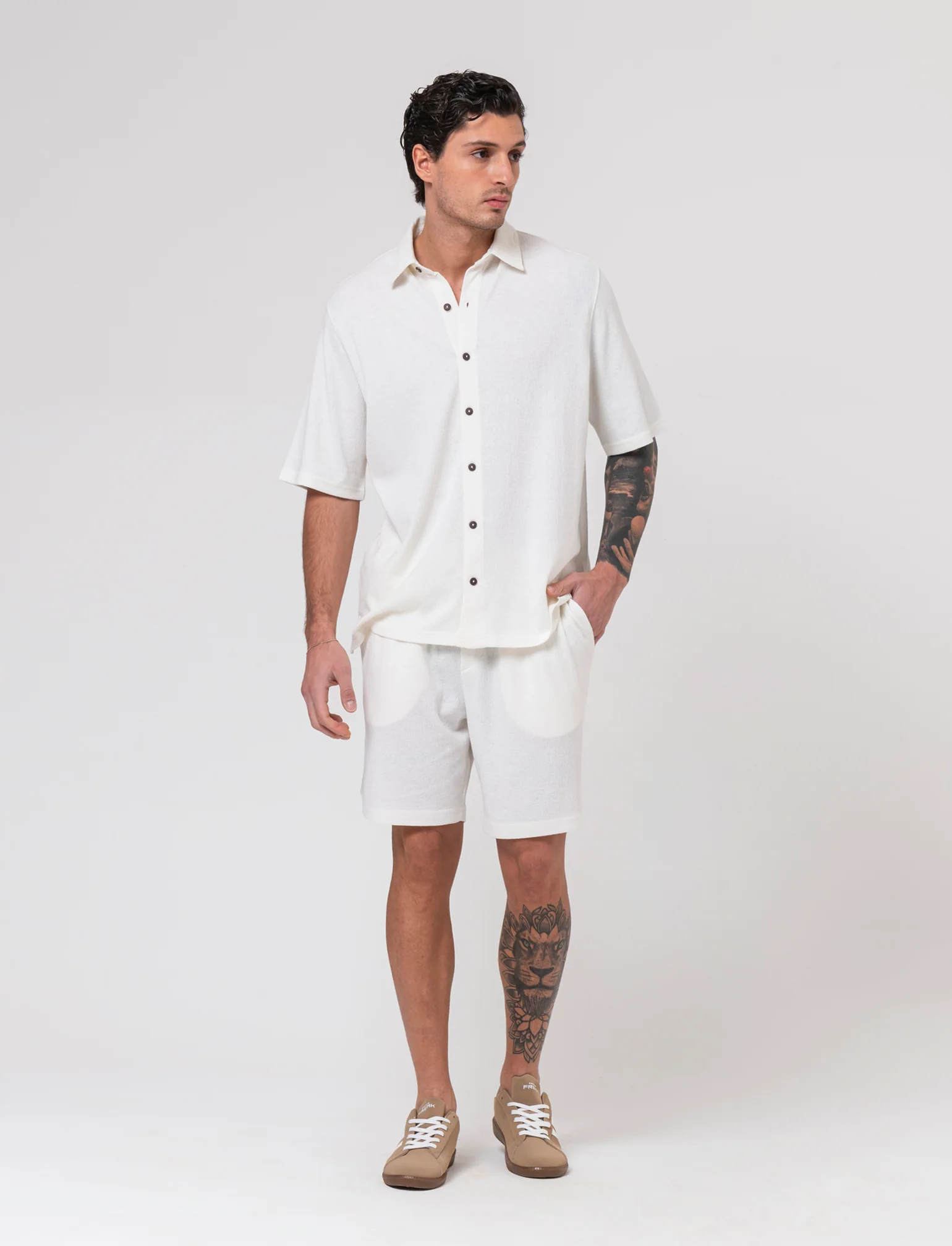 Bermuda struttura jacquard con vita jogger da uomo - Bianco sporco - Image 3