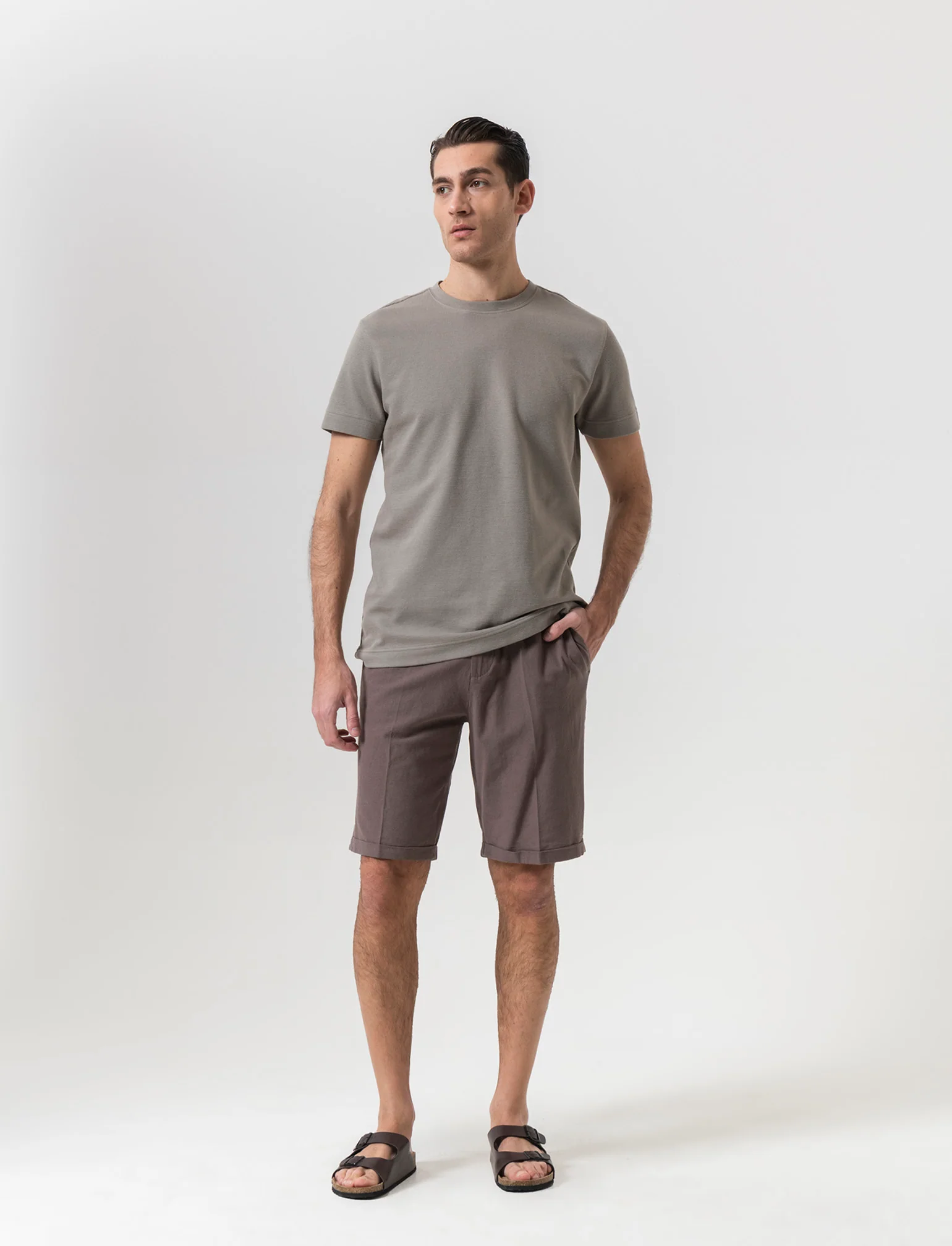 Bermuda vita jogger misto lino da uomo - Grigio fango - Image 3