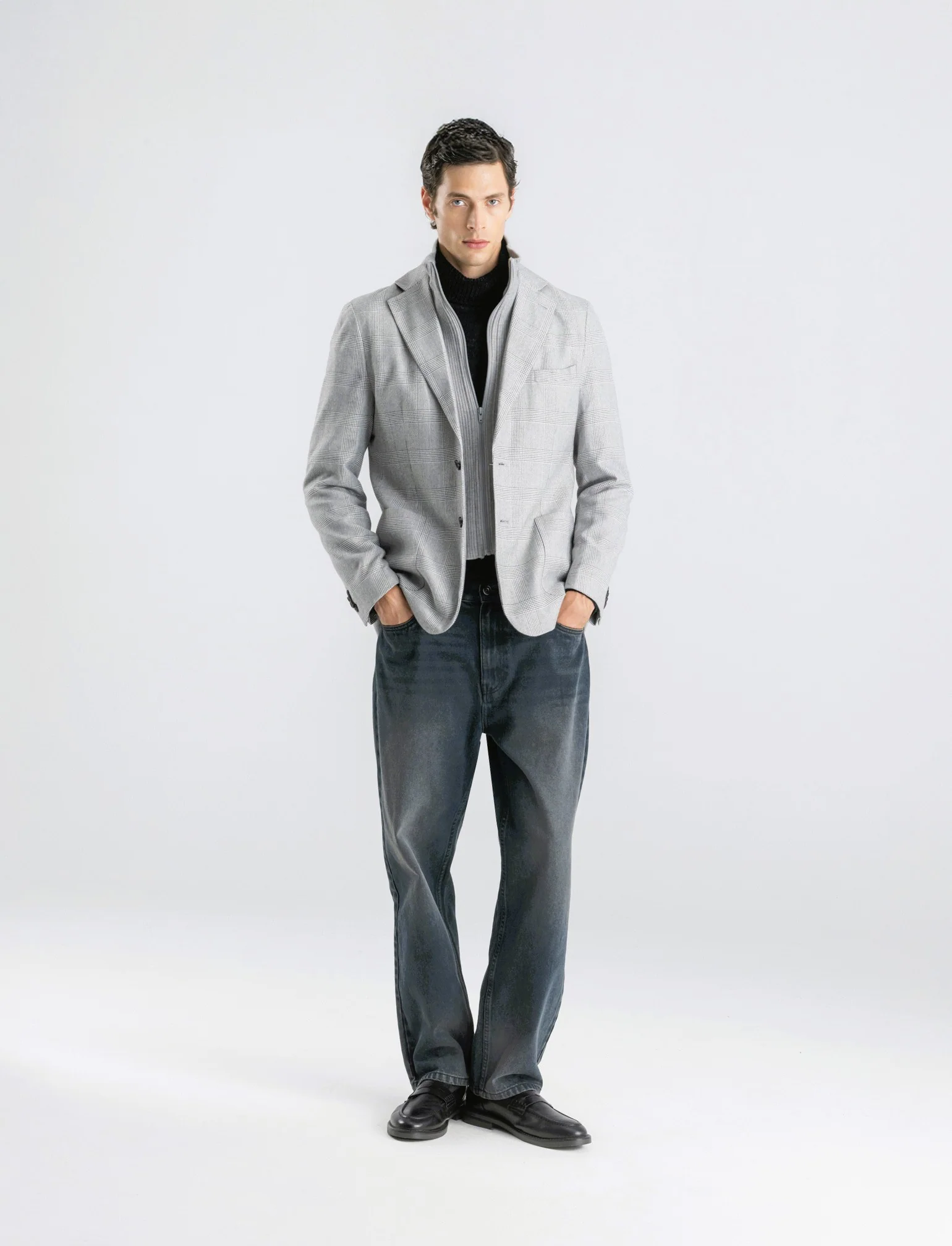 BLAZER A QUADRI FORMAL FIT CON GILET IN MAGLIA - Grigio - Image 3
