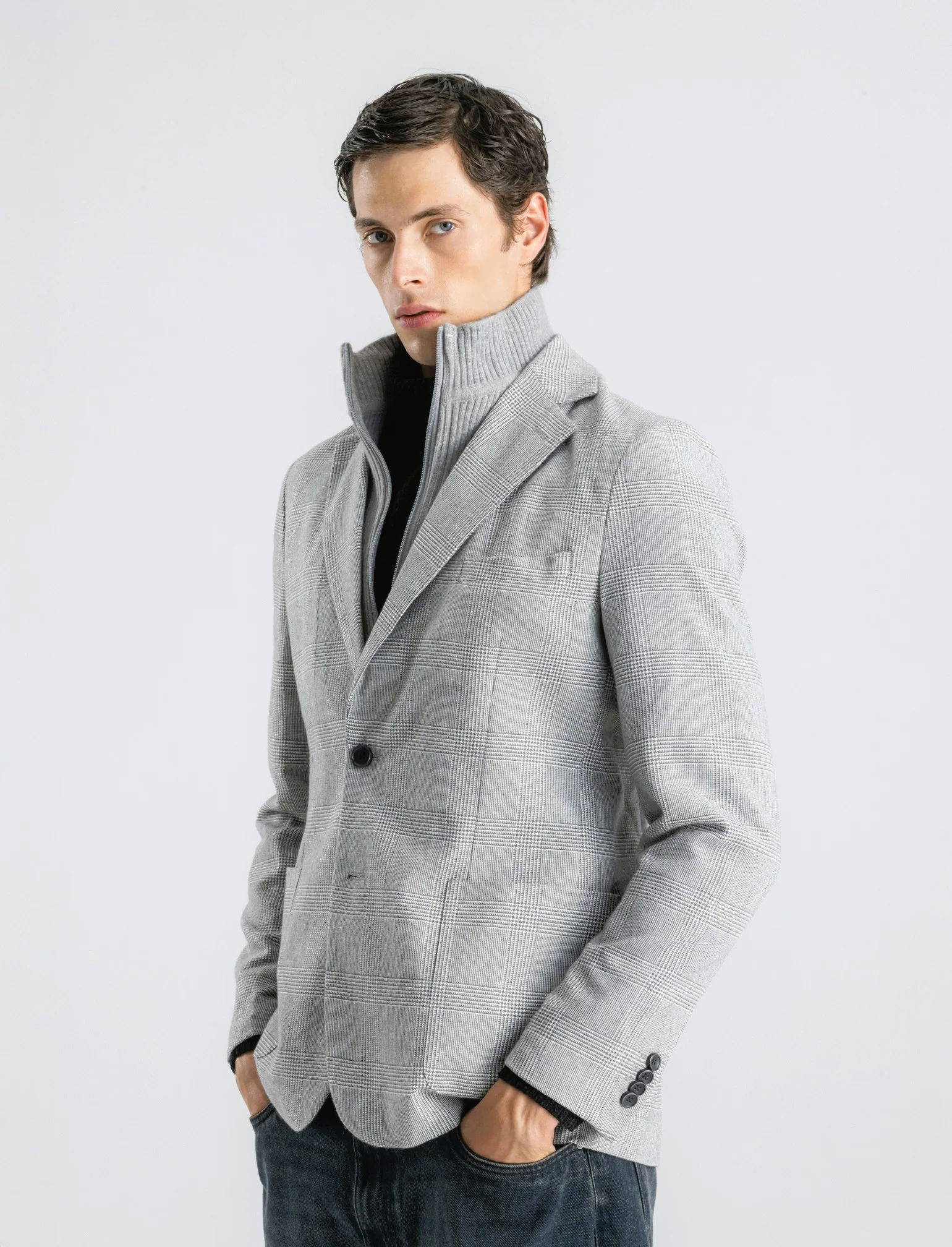 BLAZER A QUADRI FORMAL FIT CON GILET IN MAGLIA - Grigio - Image 4