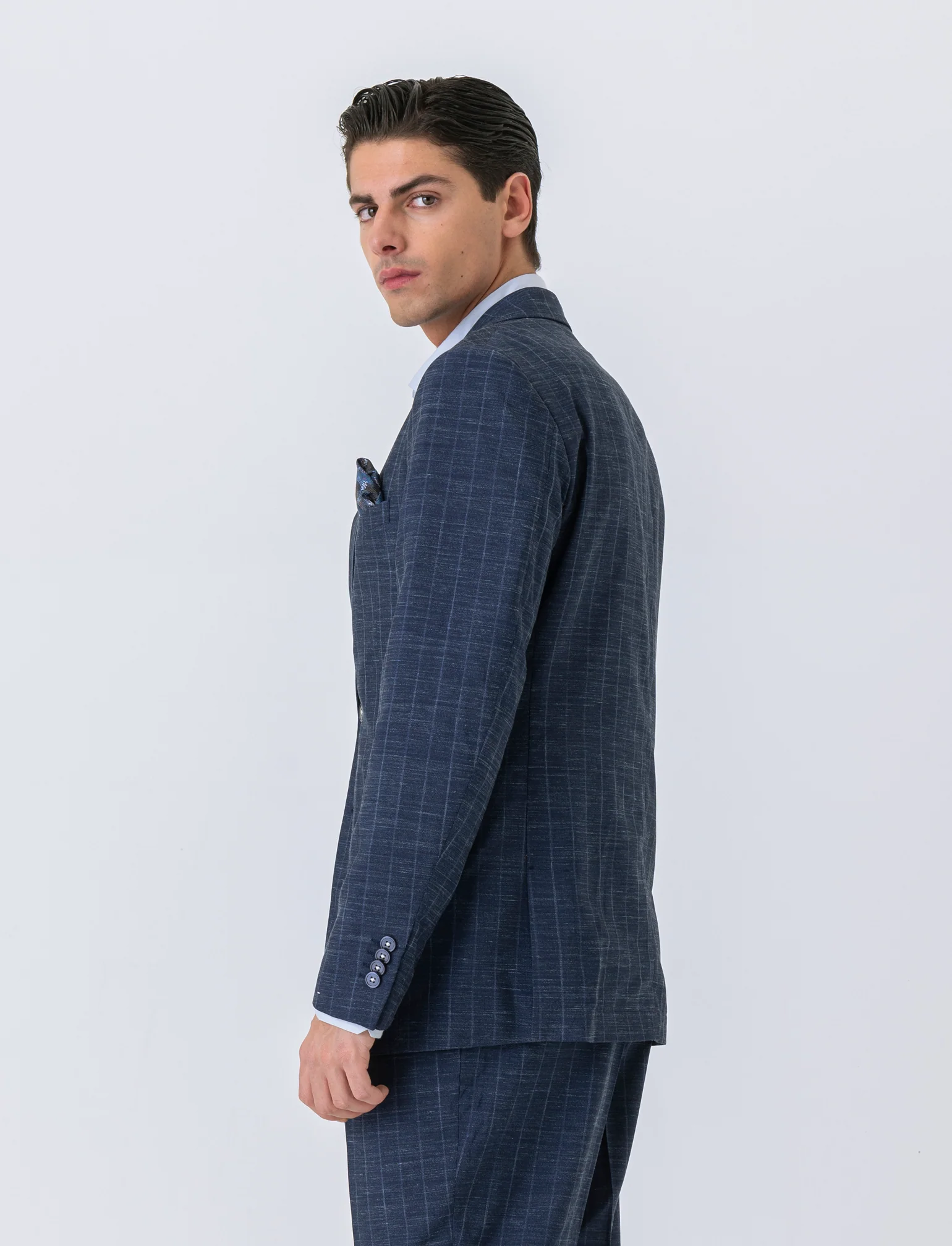 Blazer da completo gessato effetto slub da uomo - Blu melange