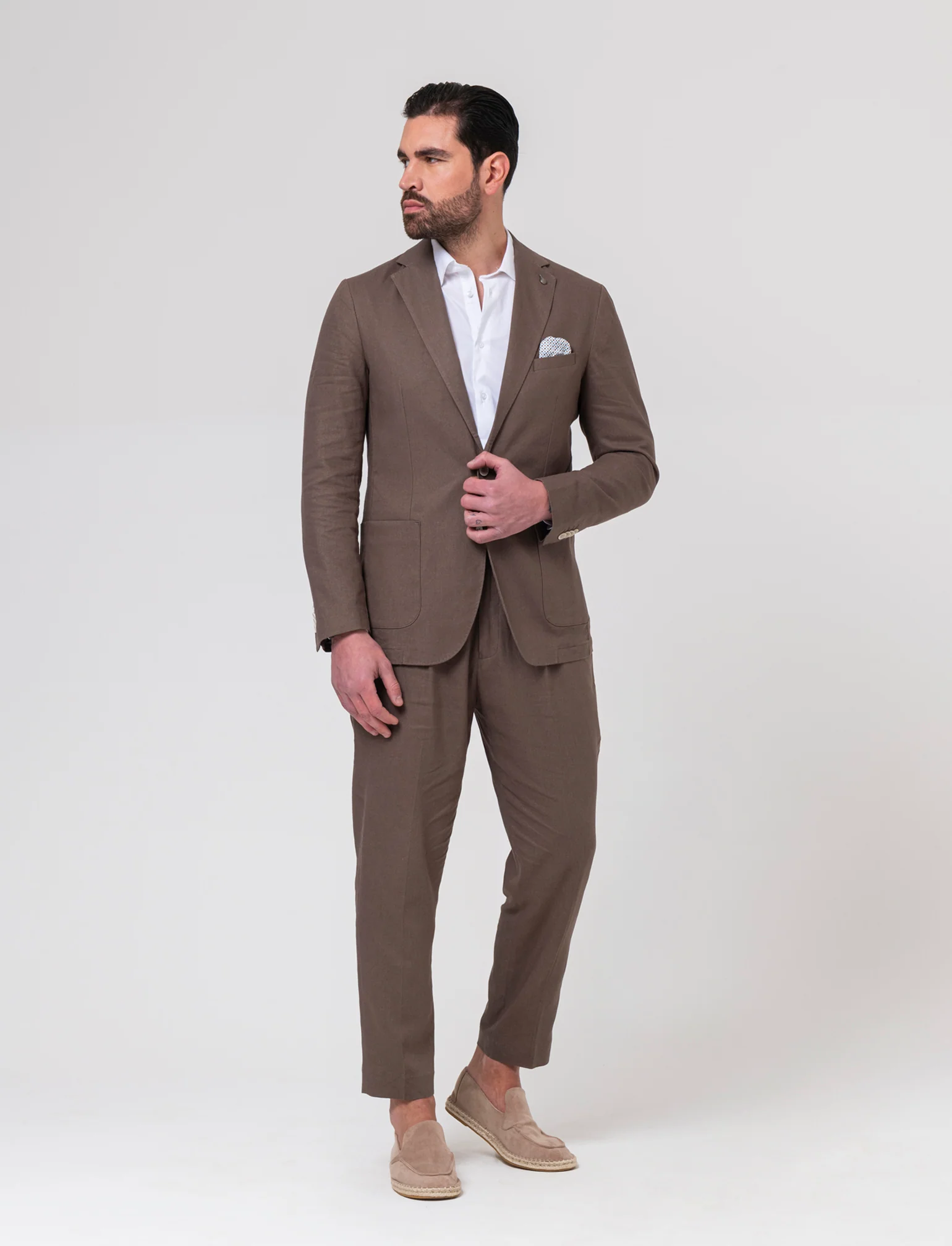Blazer da completo tessuto linen blend da uomo - Grigio fango - Image 3