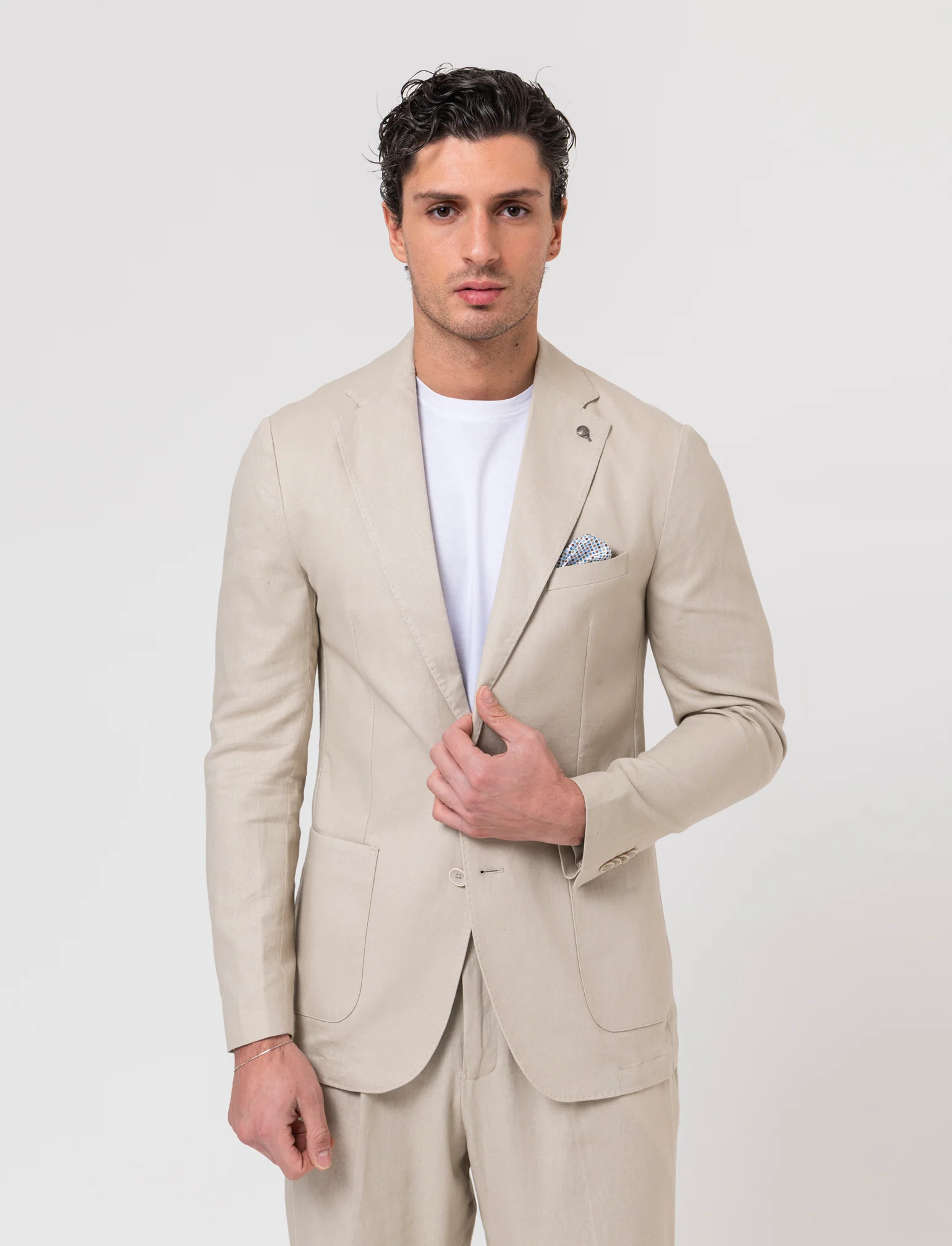 Blazer da completo tessuto linen blend da uomo - Sabbia - Image 3