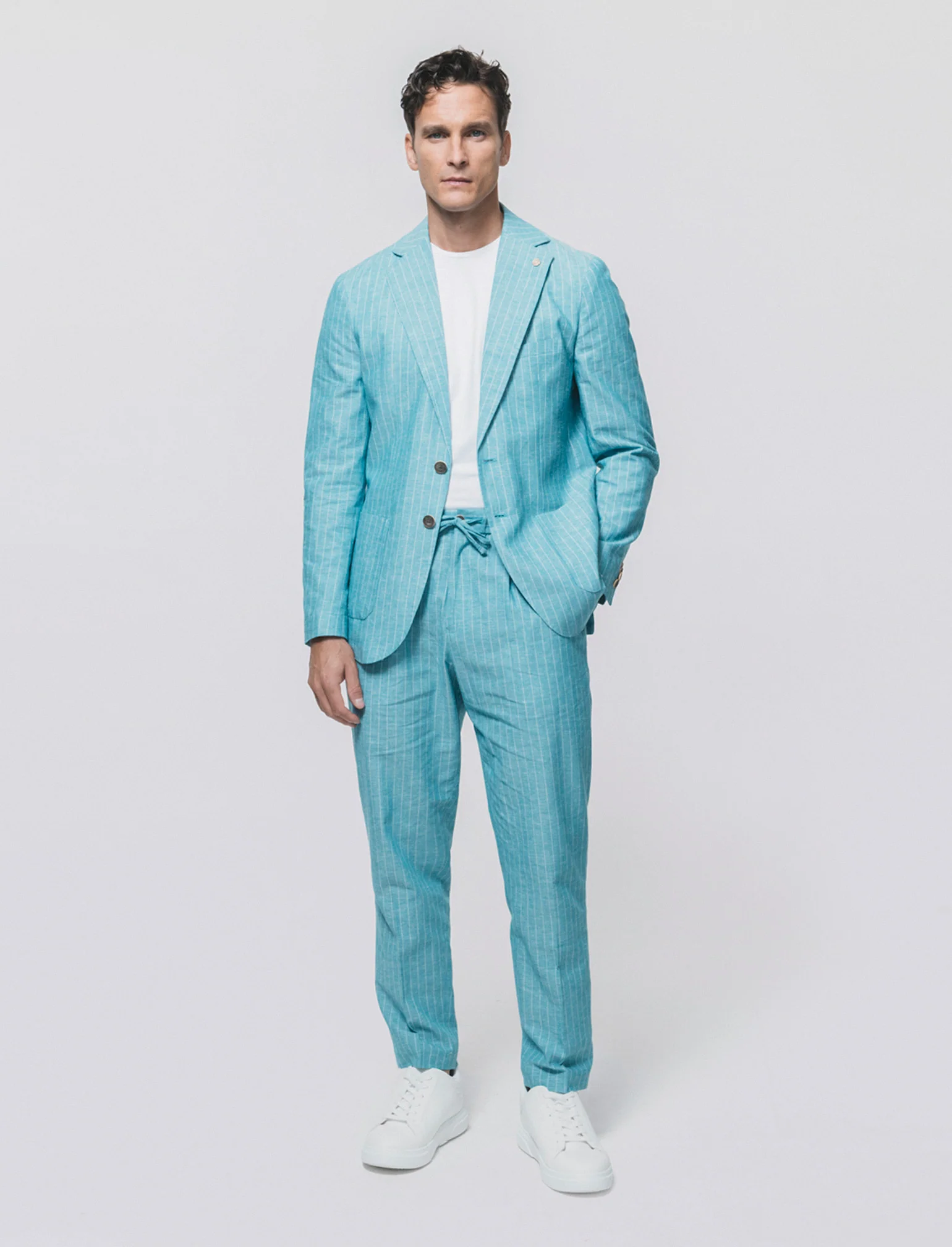 Blazer formal fit in linen blend a righe - Verde petrolio