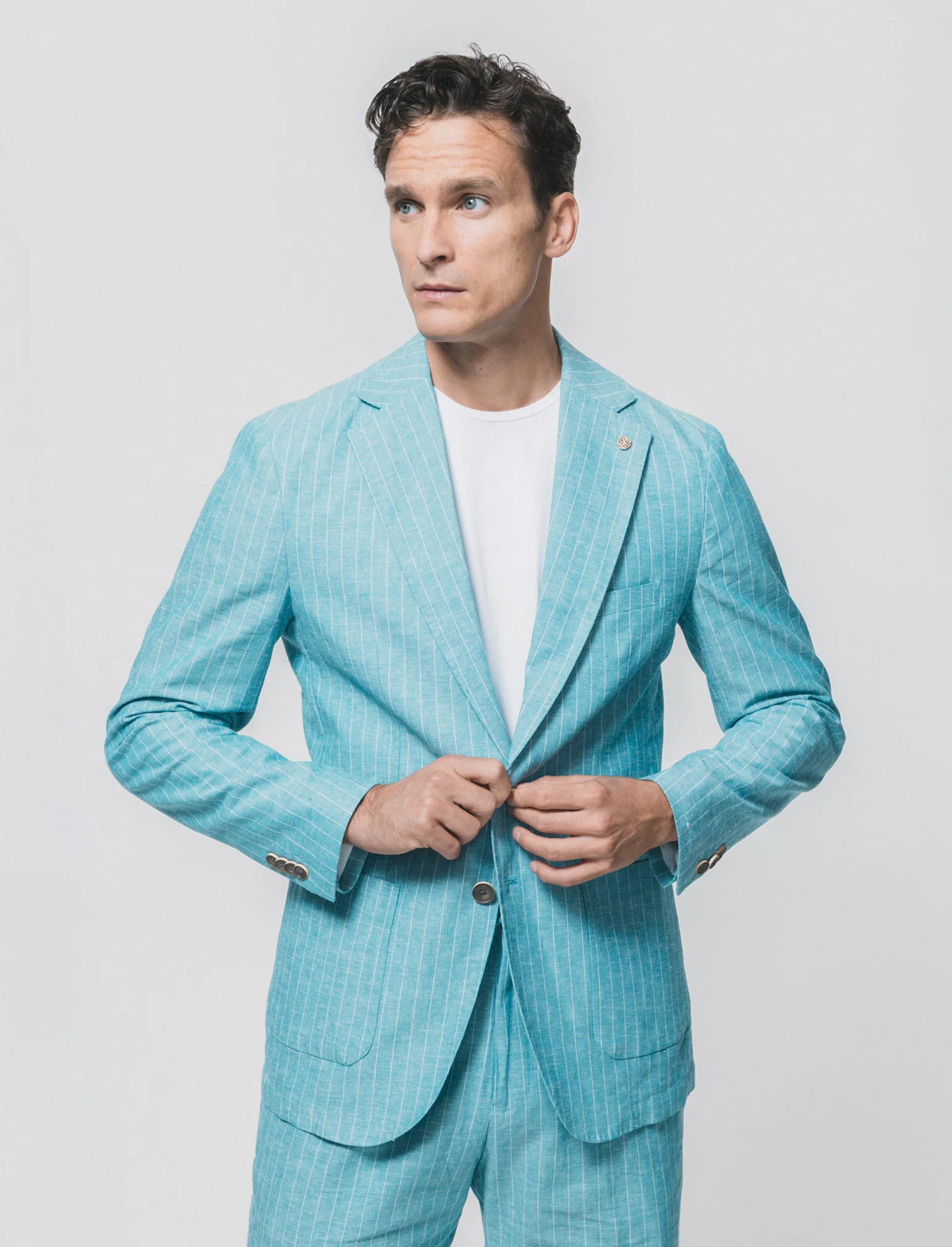 Blazer formal fit in linen blend a righe - Verde petrolio - Image 3