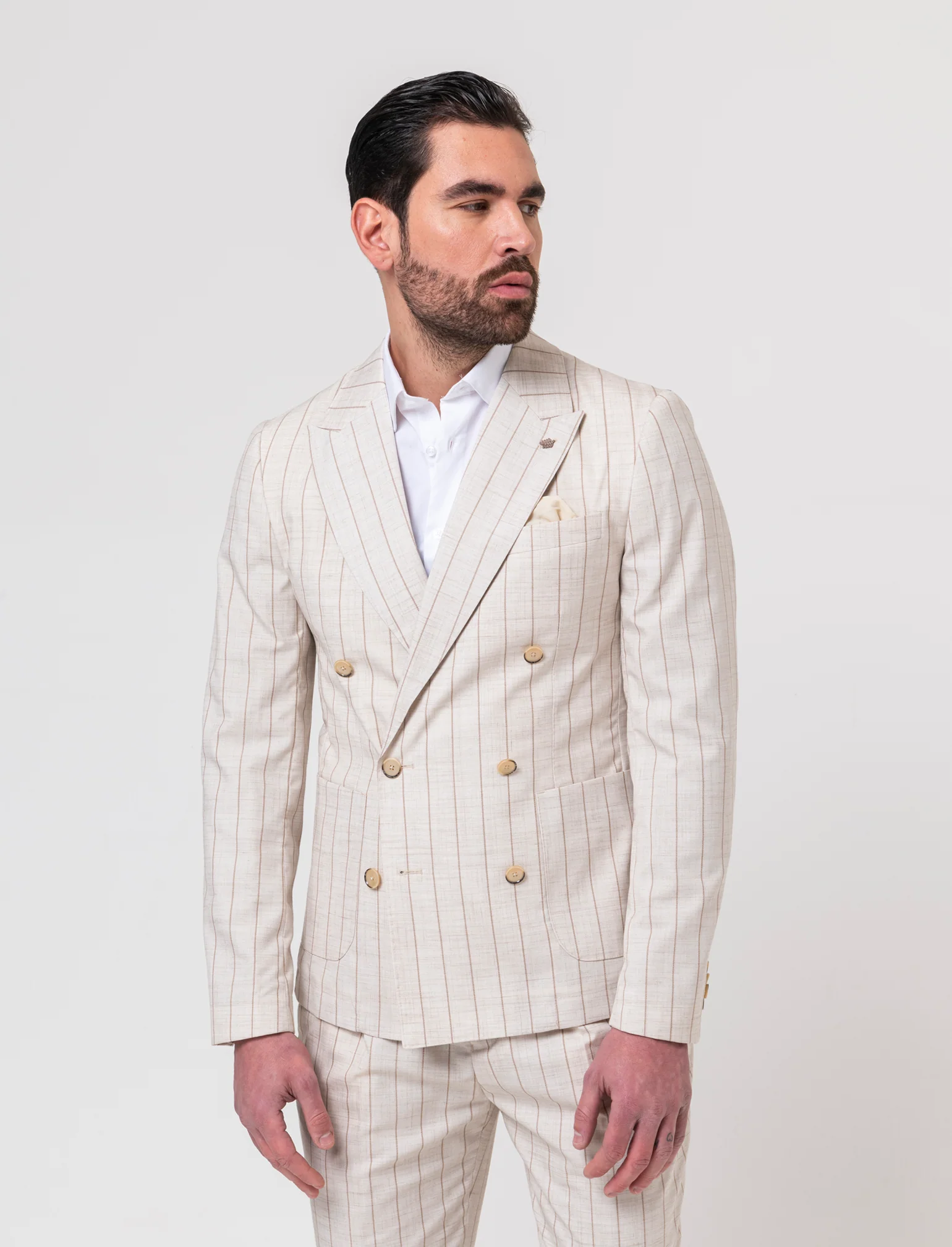 Blazer gessato doppio petto da completo da uomo - Beige ecru