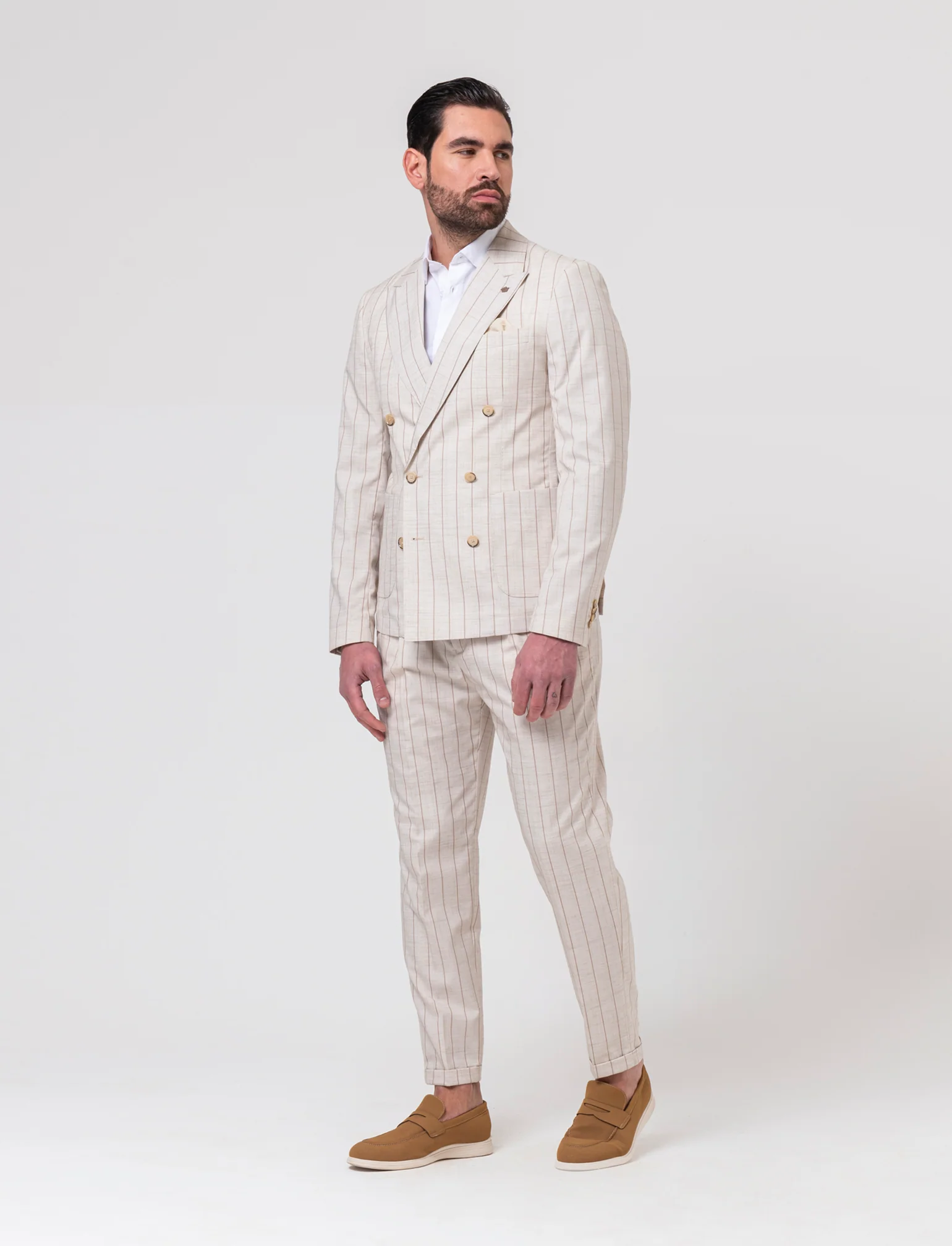Blazer gessato doppio petto da completo da uomo - Beige ecru - Image 3