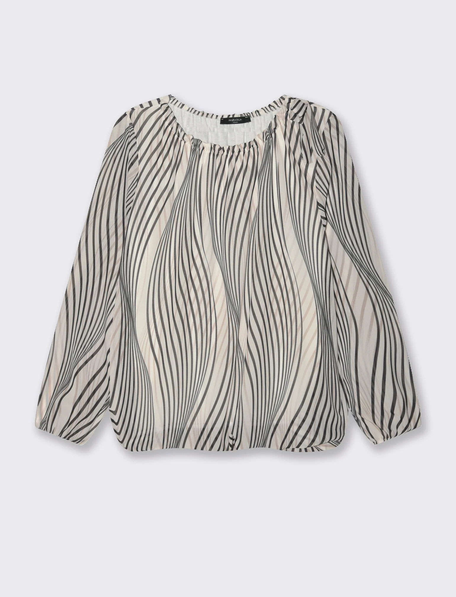Blusa ampia in tessuto leggero con stampa e fiocco su una spalla. - Bianco-nero - Image 3