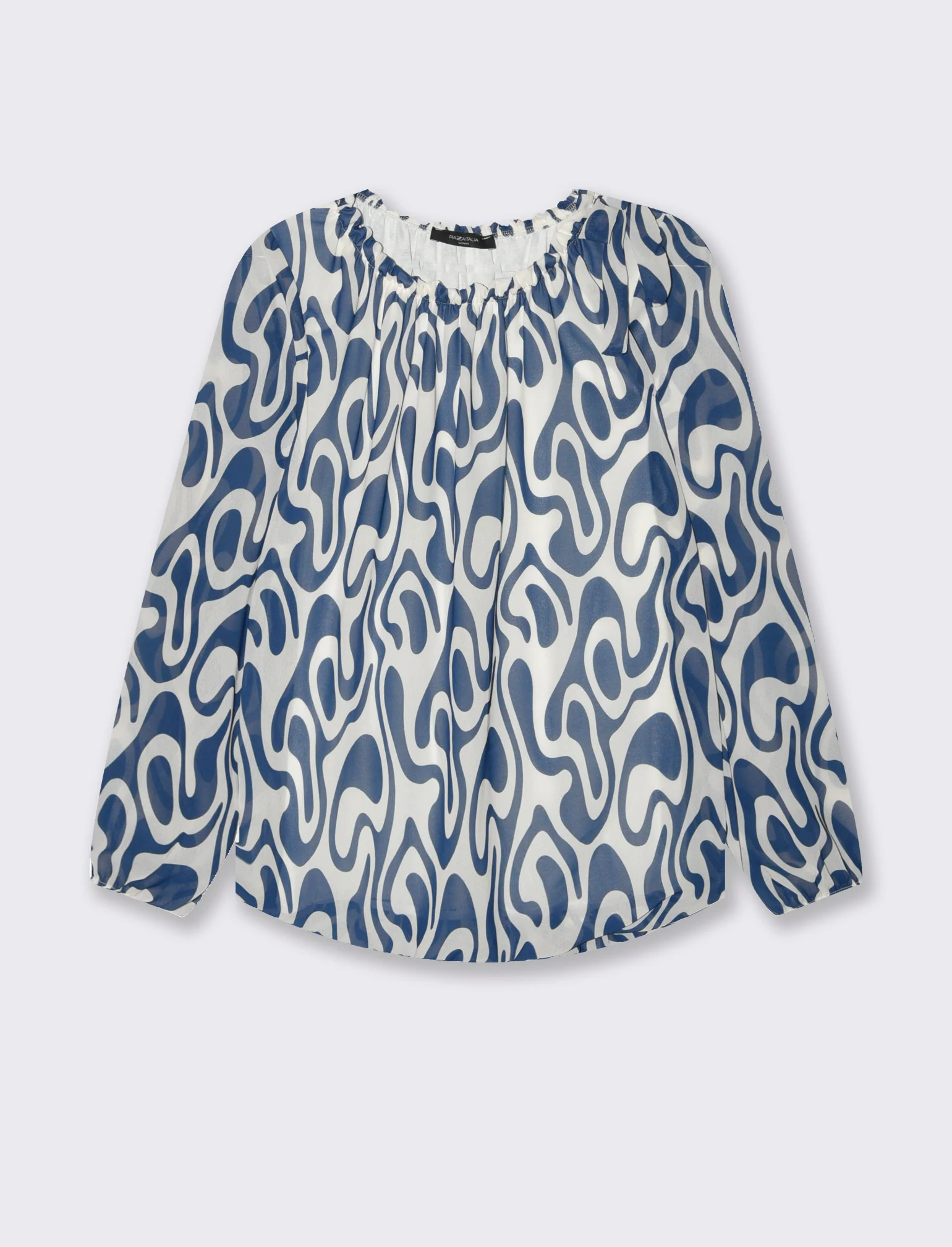 Blusa ampia in tessuto leggero con stampa e fiocco su una spalla. - Blu - Image 3