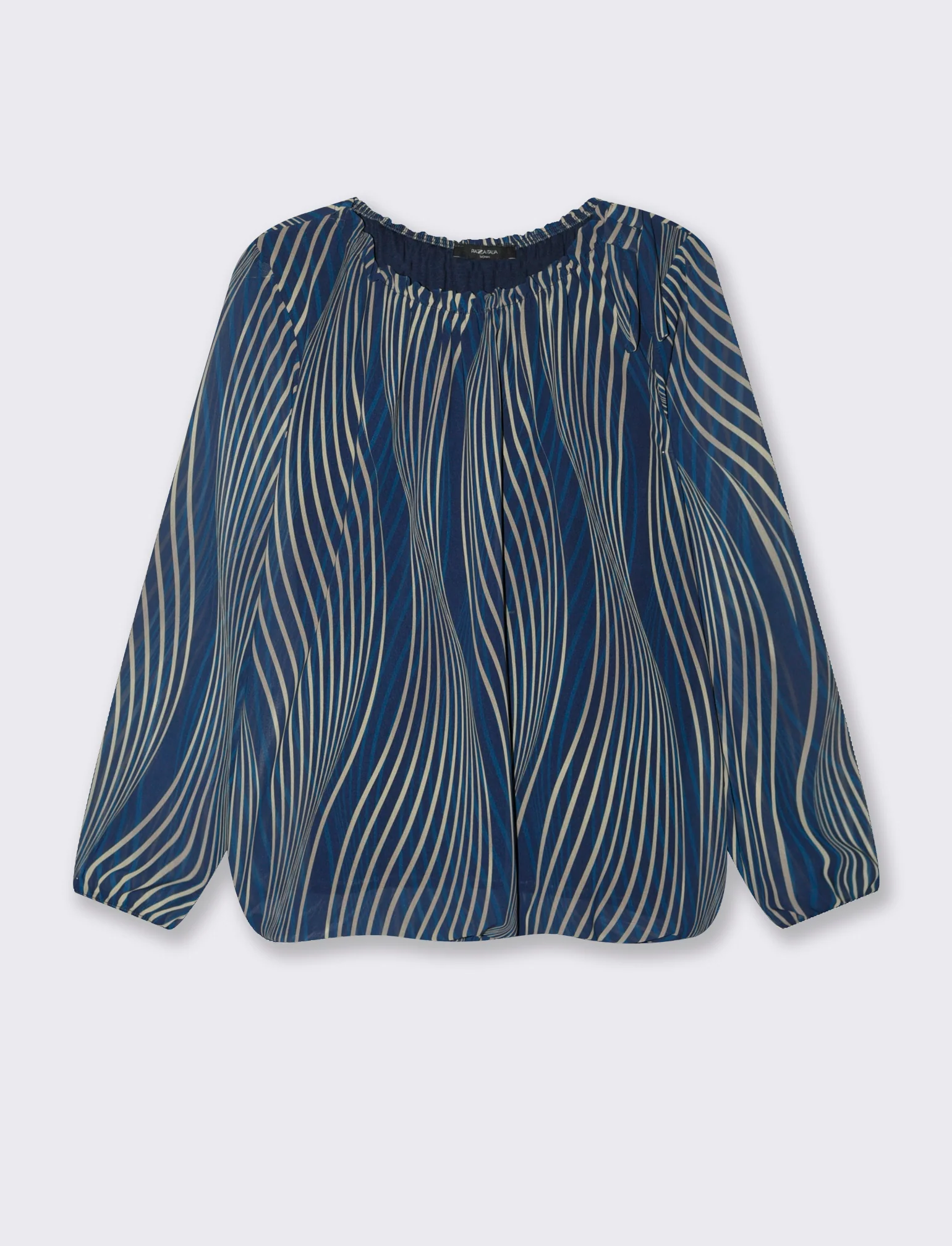 Blusa ampia in tessuto leggero con stampa e fiocco su una spalla. - Blu - Image 3