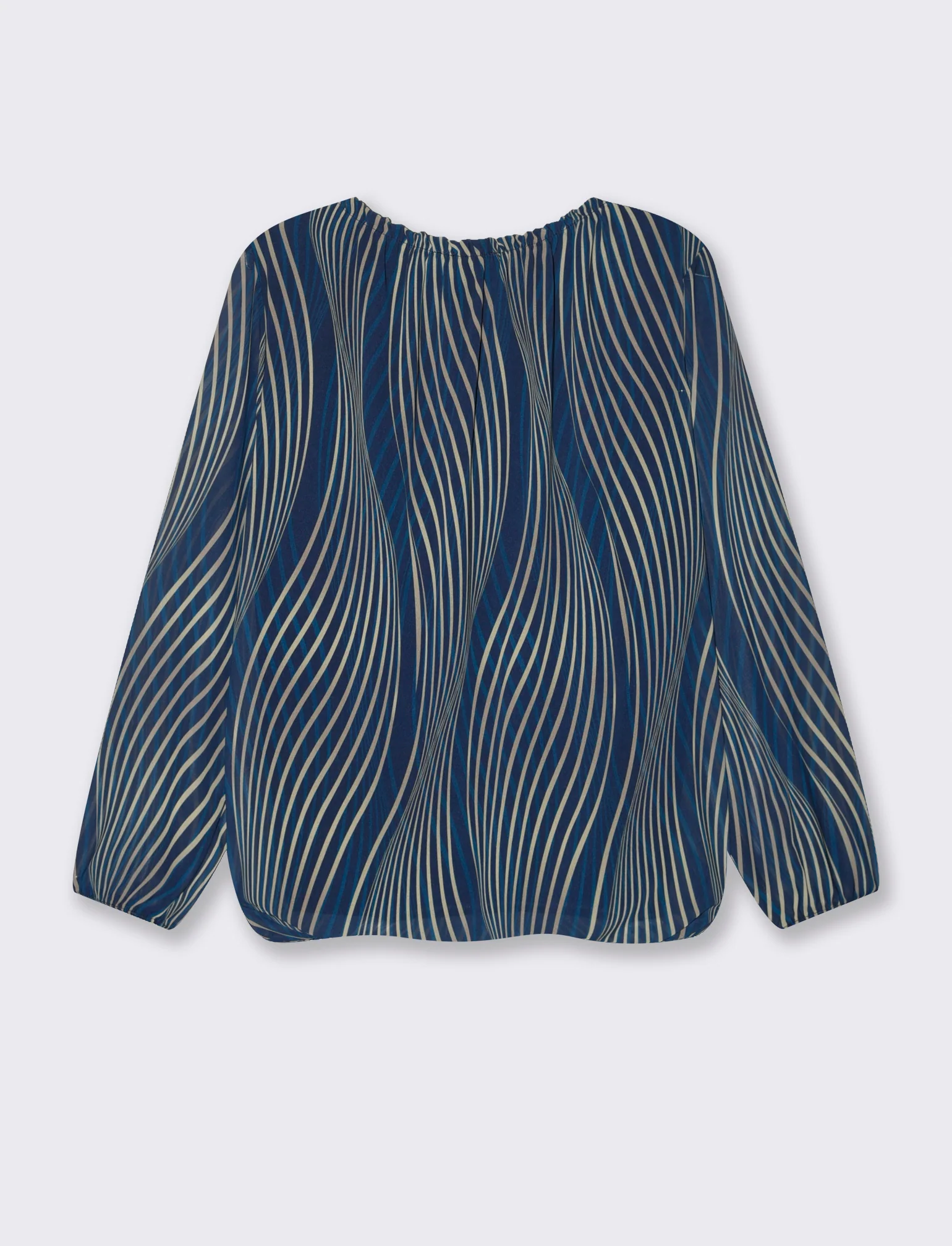 Blusa ampia in tessuto leggero con stampa e fiocco su una spalla. - Blu - Image 4