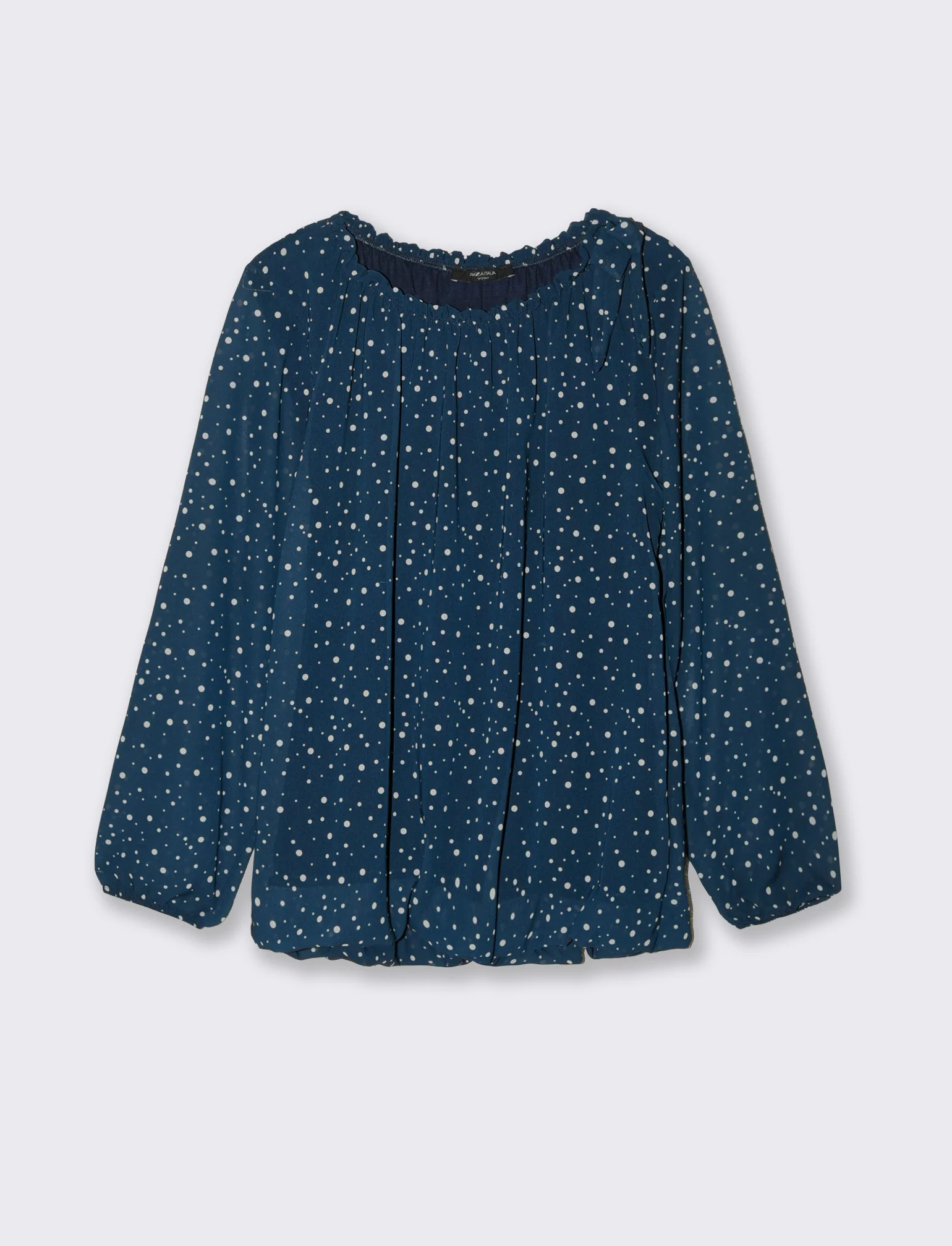 Blusa ampia in tessuto leggero con stampa e fiocco su una spalla. - Blu - Image 4