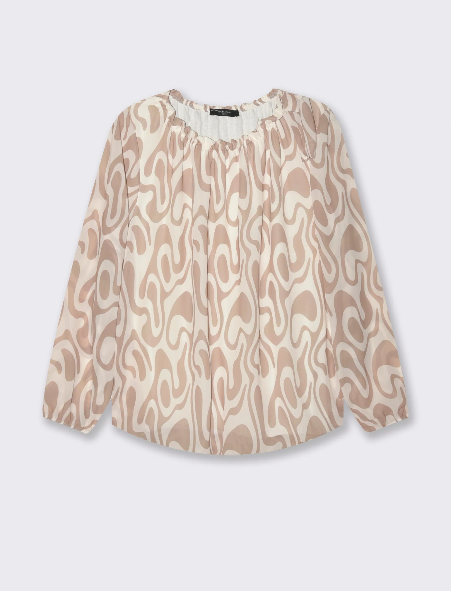 Blusa ampia in tessuto leggero con stampa e fiocco su una spalla. - Cammello - Image 3