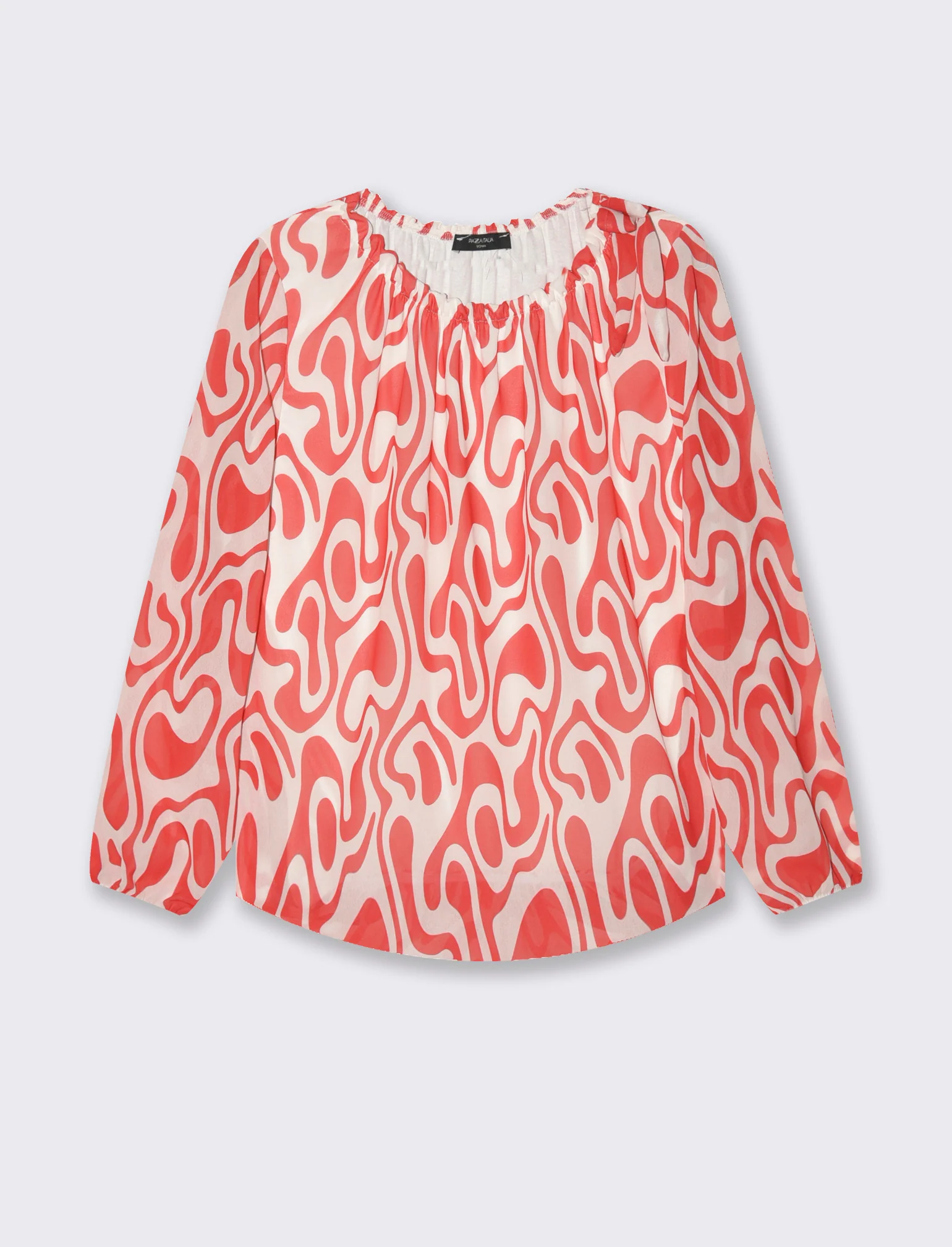 Blusa ampia in tessuto leggero con stampa e fiocco su una spalla. - Rosso - Image 3