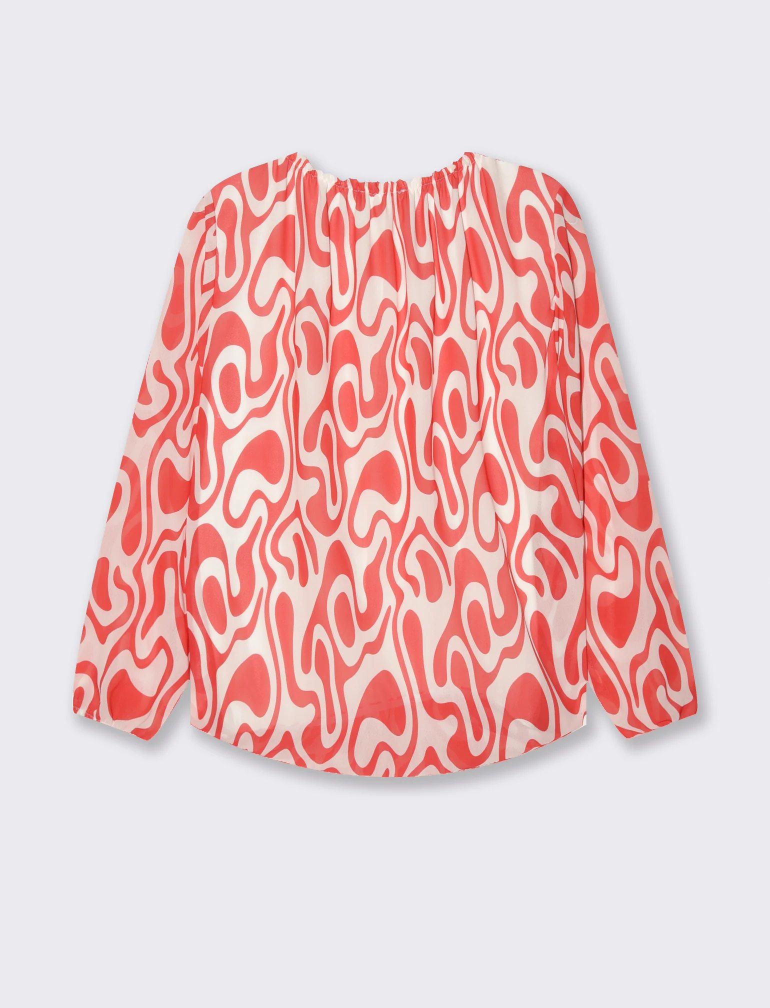 Blusa ampia in tessuto leggero con stampa e fiocco su una spalla. - Rosso - Image 4