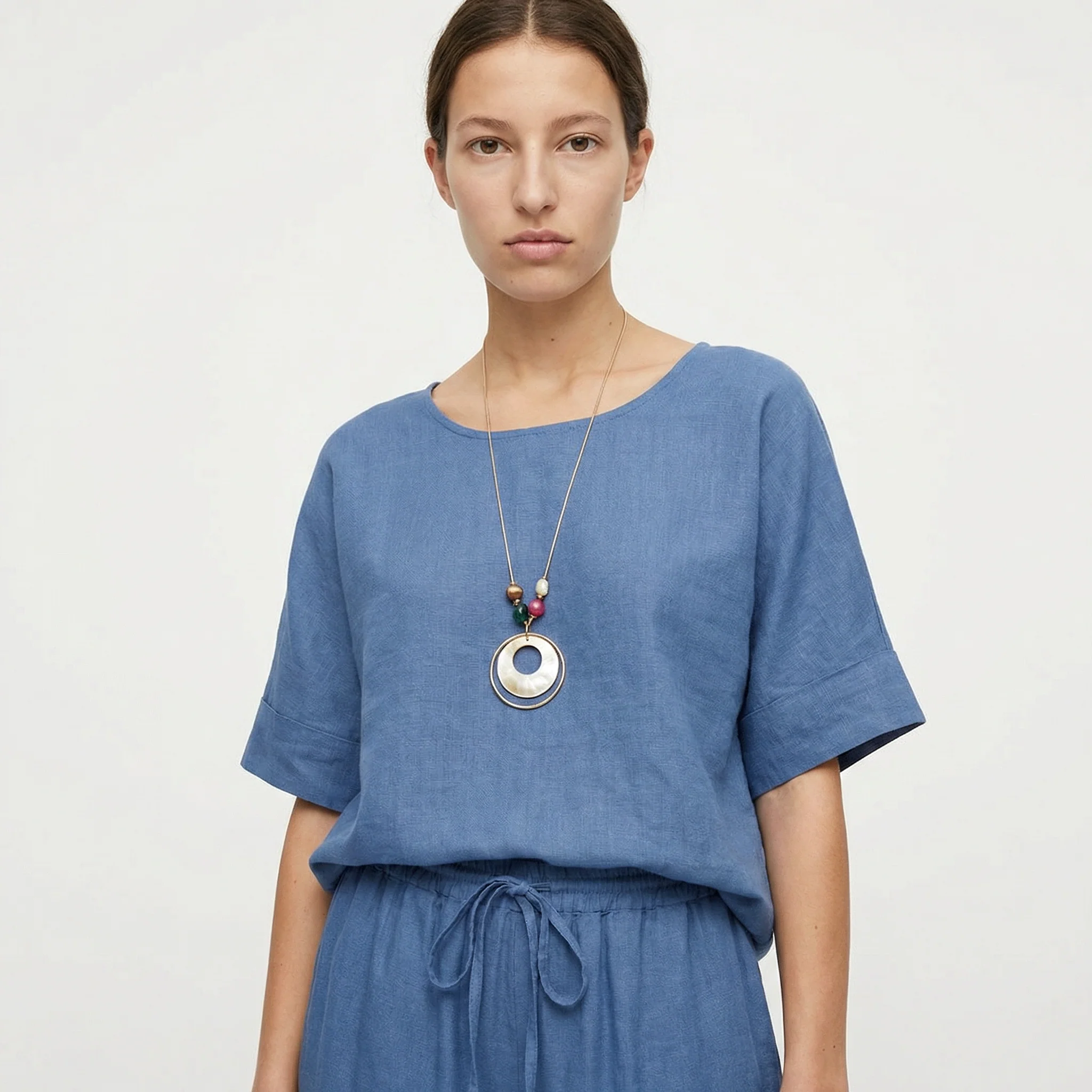 Blusa collo rotondo manica a tre quarti - Denim - Image 3