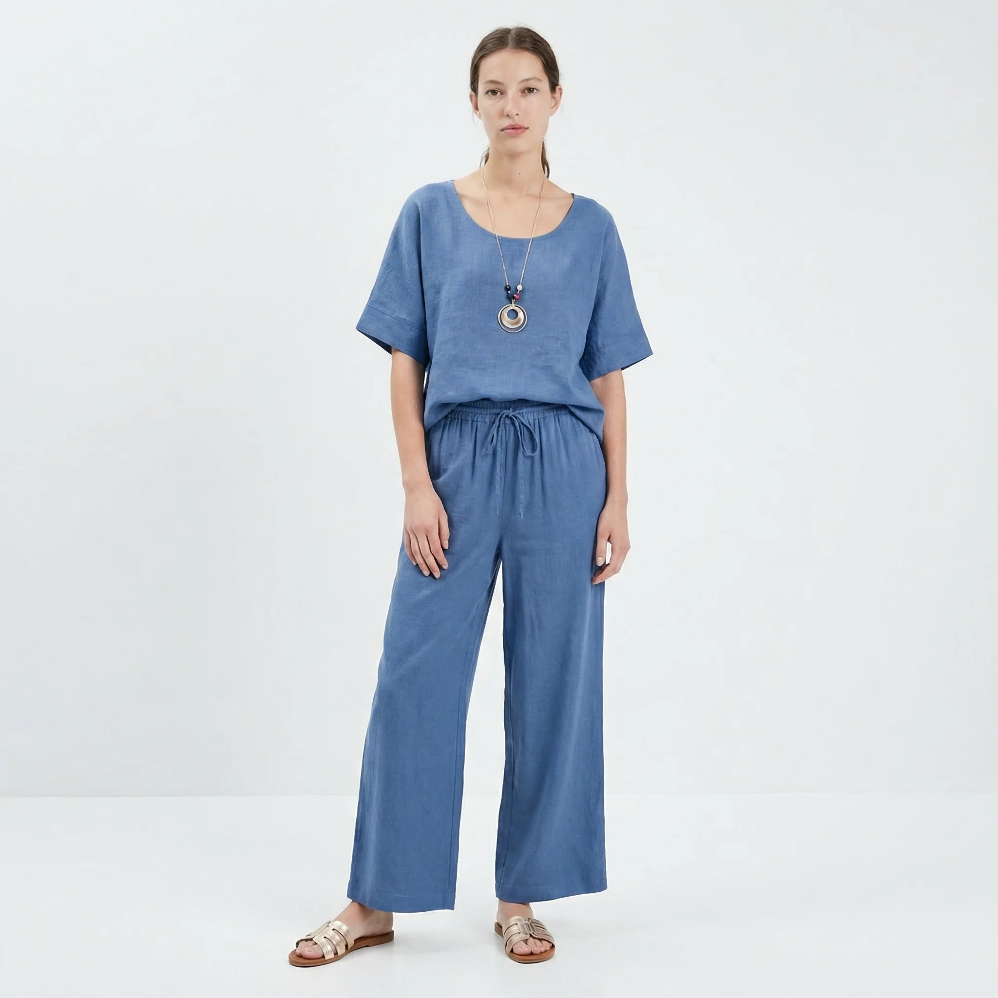 Blusa collo rotondo manica a tre quarti - Denim - Image 4