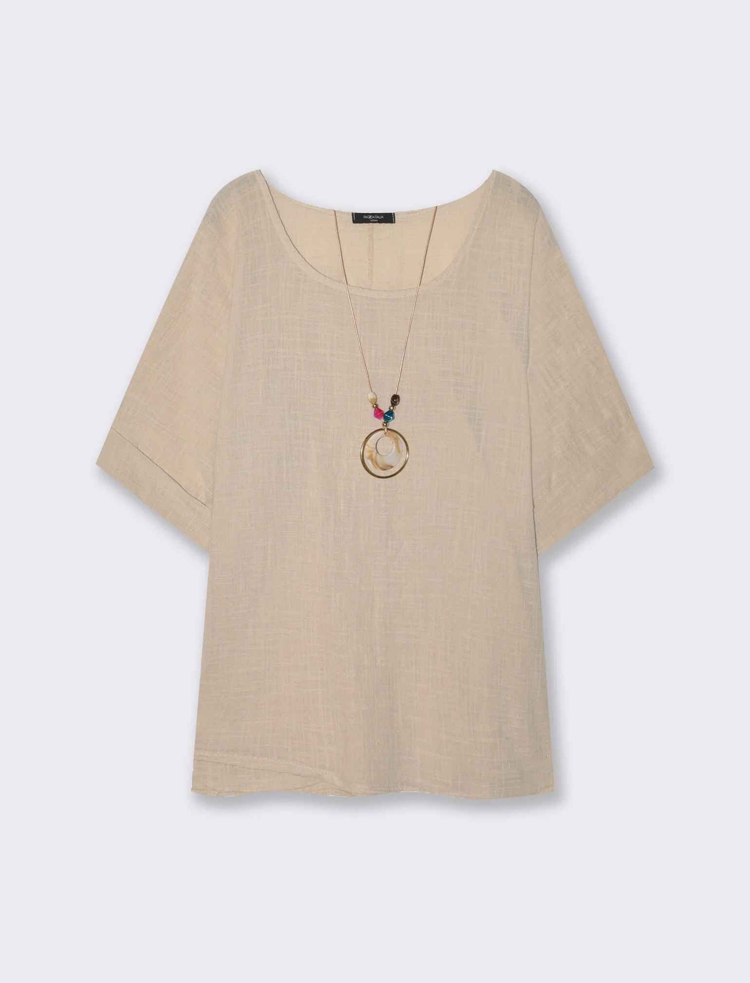 Blusa collo rotondo manica a tre quarti - Sabbia