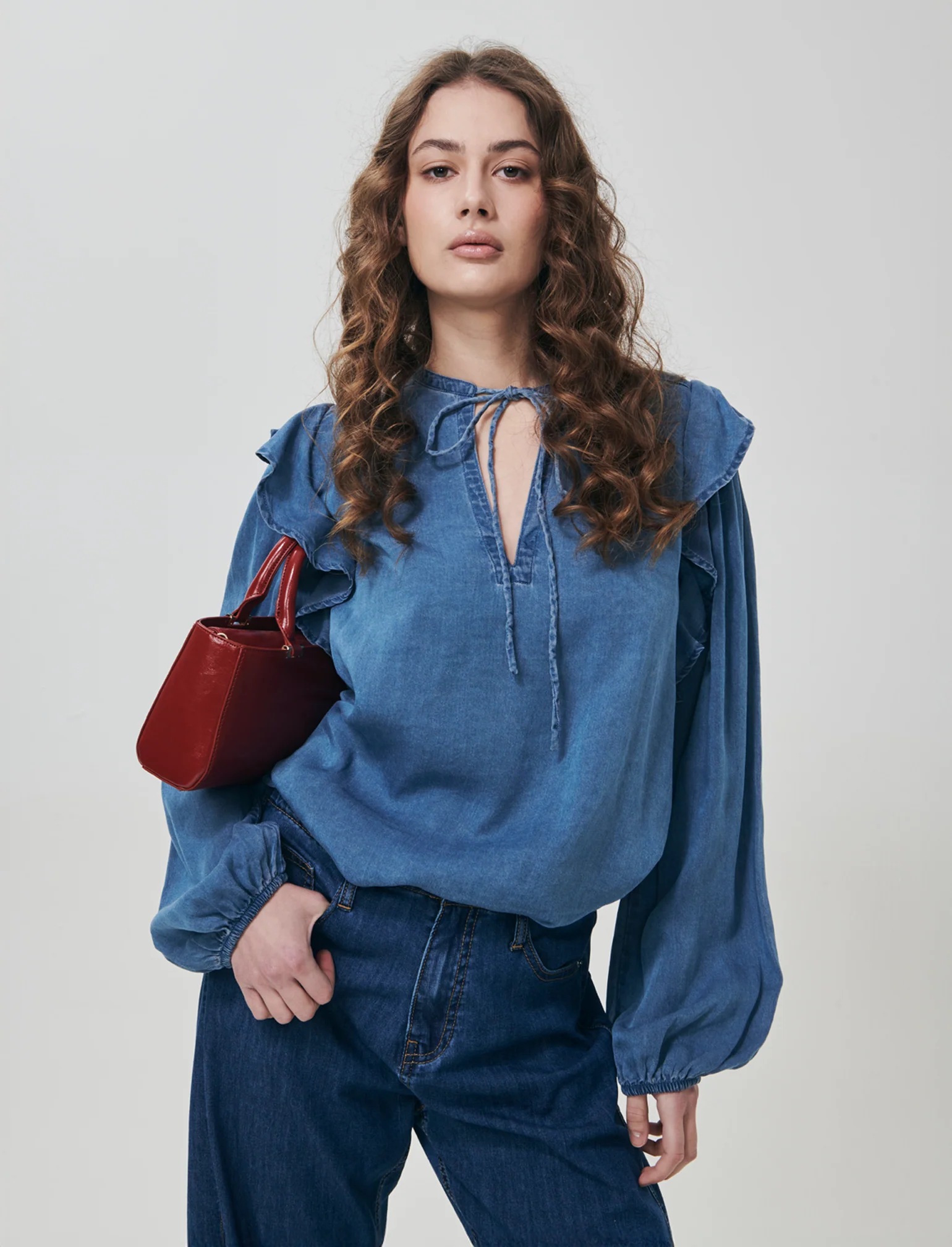 Blusa Manica Lunga con Scollo a V e Rouches - Denim - Image 3