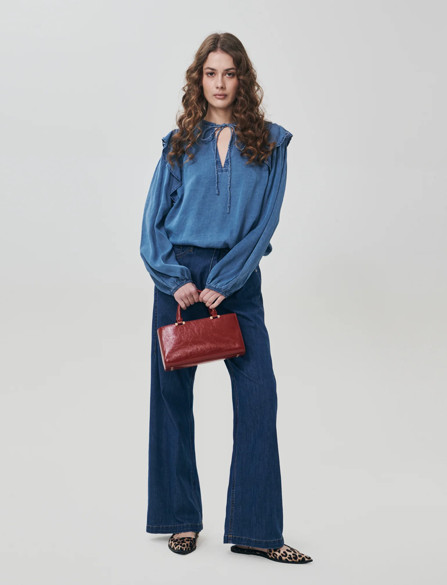 Blusa Manica Lunga con Scollo a V e Rouches - Denim - Image 4