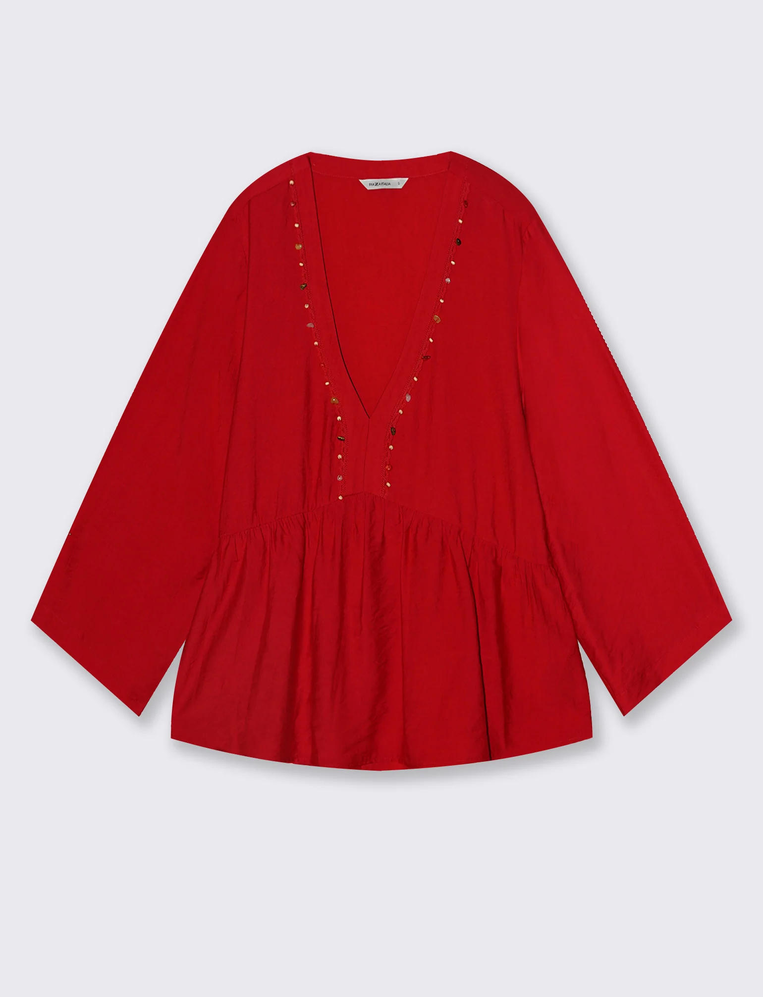 Blusa V Decorata con Perline Colorate - Rosso - Image 2