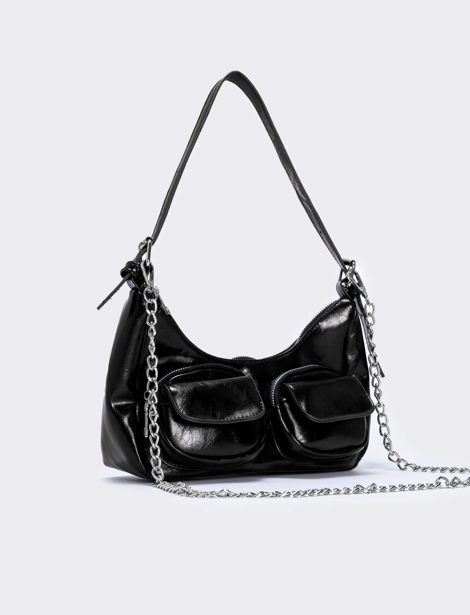 Borsa a spalla con tasche avanti - Nero - Image 2