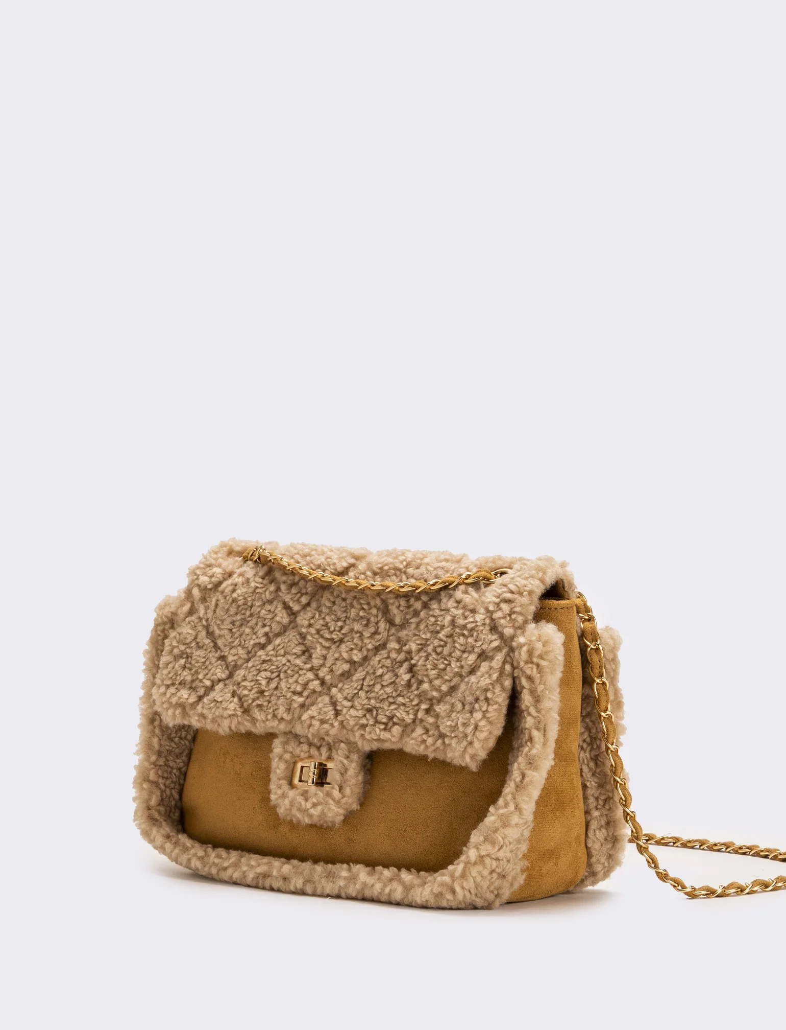 Borsa a tracolla donna in finto montone con catena - Beige - Image 2